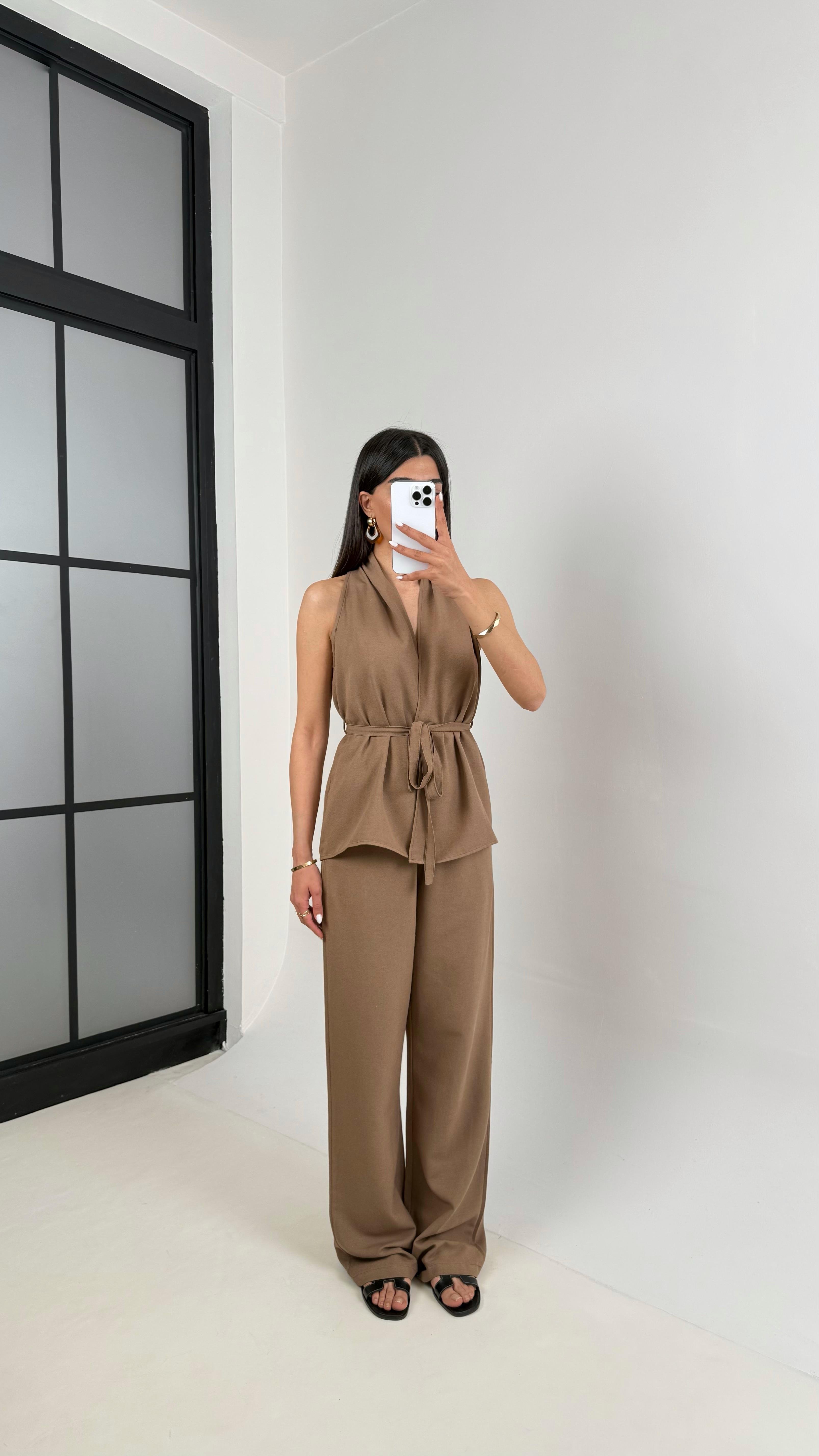 Kahve Önü Bağlamalı Kuşaklı Yelek Beli Lastikli Cepli Pantolon Keten Takım Gaus00410GausTAKIMGU1001958