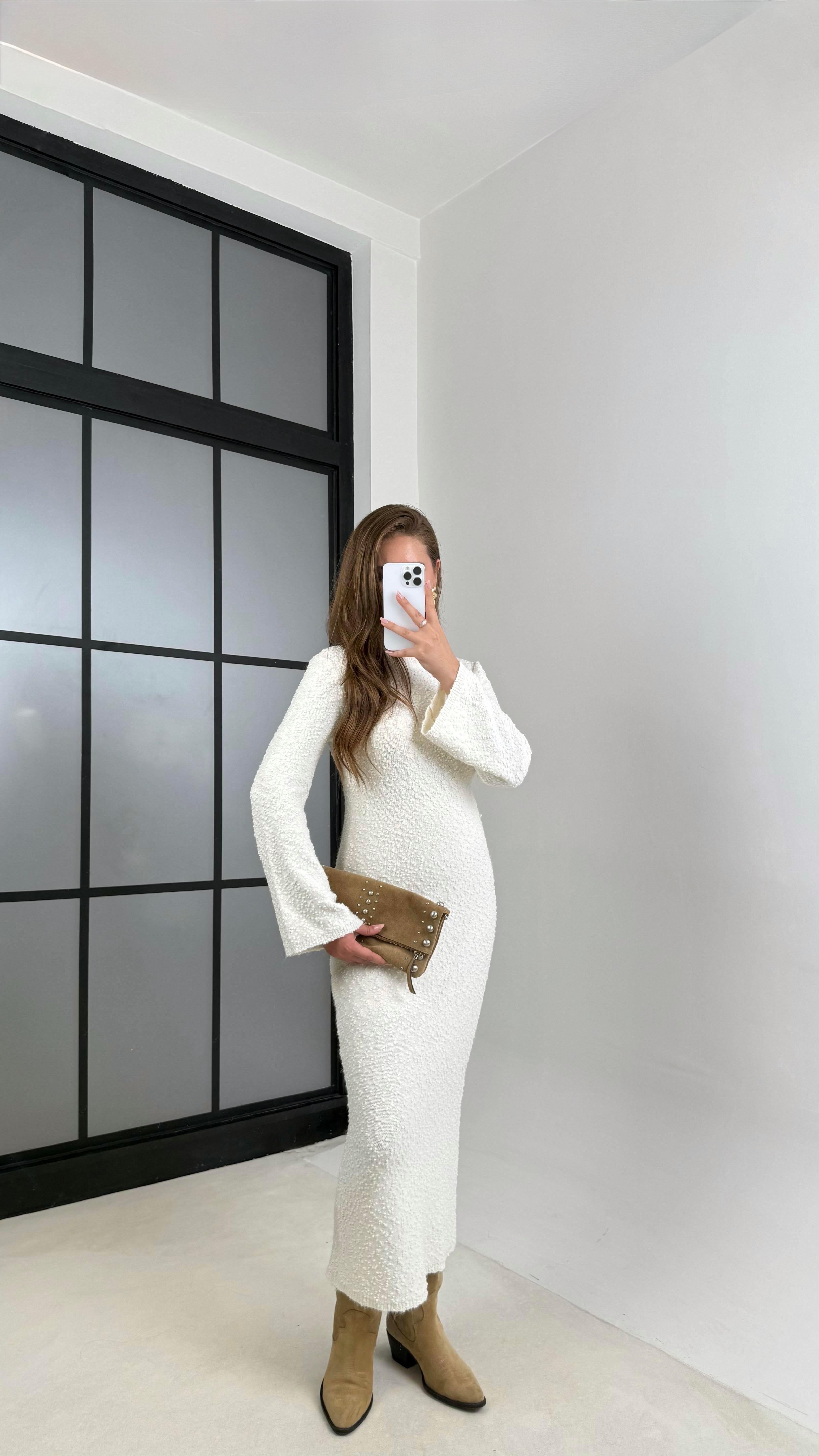 Ekru Bisiklet Yaka Tasarım Uzun Triko Elbise GAUS-00125GAUSELBİSEGAUS-00125