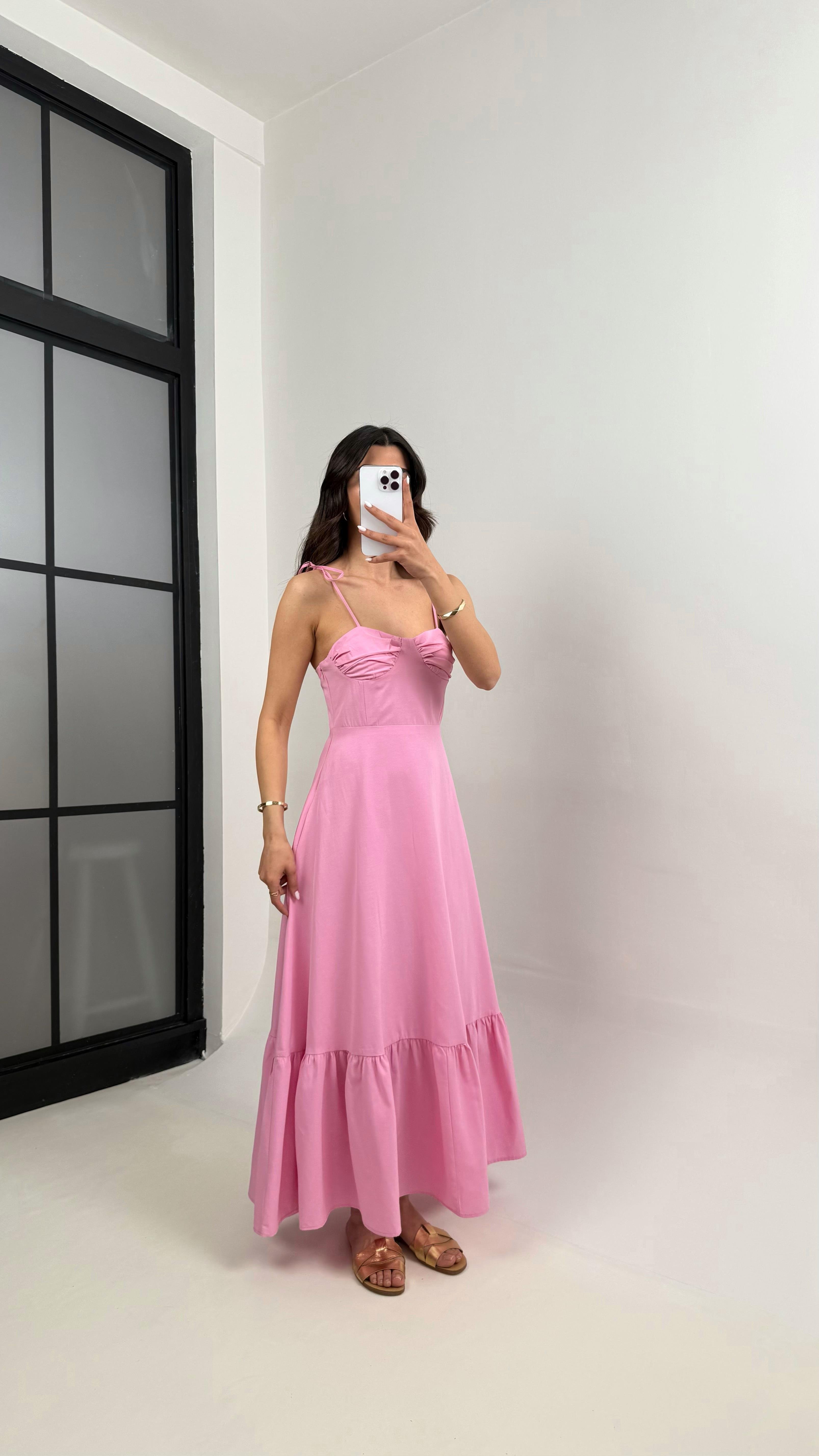 Pembe Ayarlanabilir Askılı Astarlı Altı Fırfır Detaylı Pinterest Elbise Gaus00340GausELBİSEGU1001794