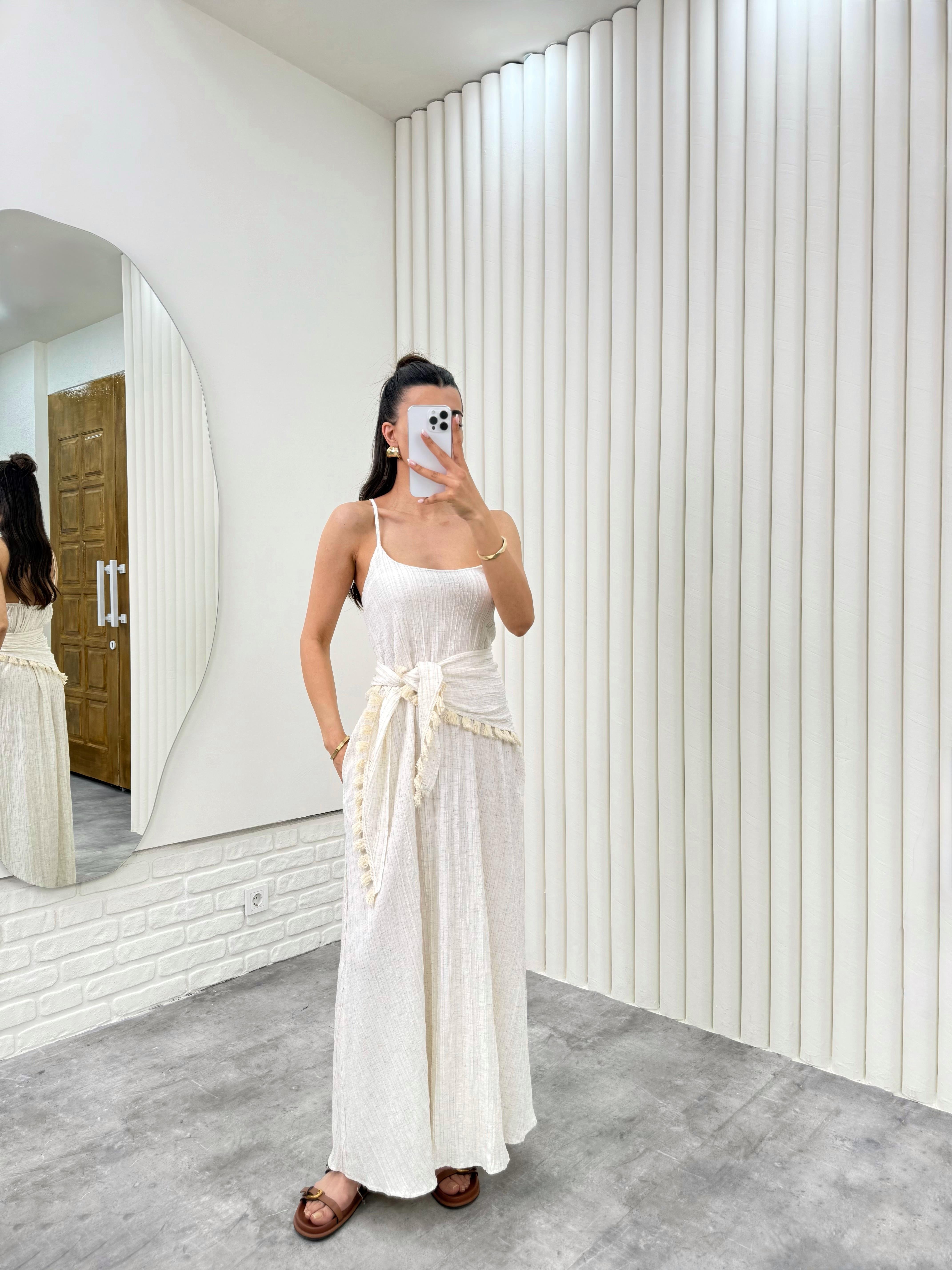 Taş Şal Aksesuarlı Astarlı Cepli Keten Elbise Gaus00309GausELBİSEGU1001708