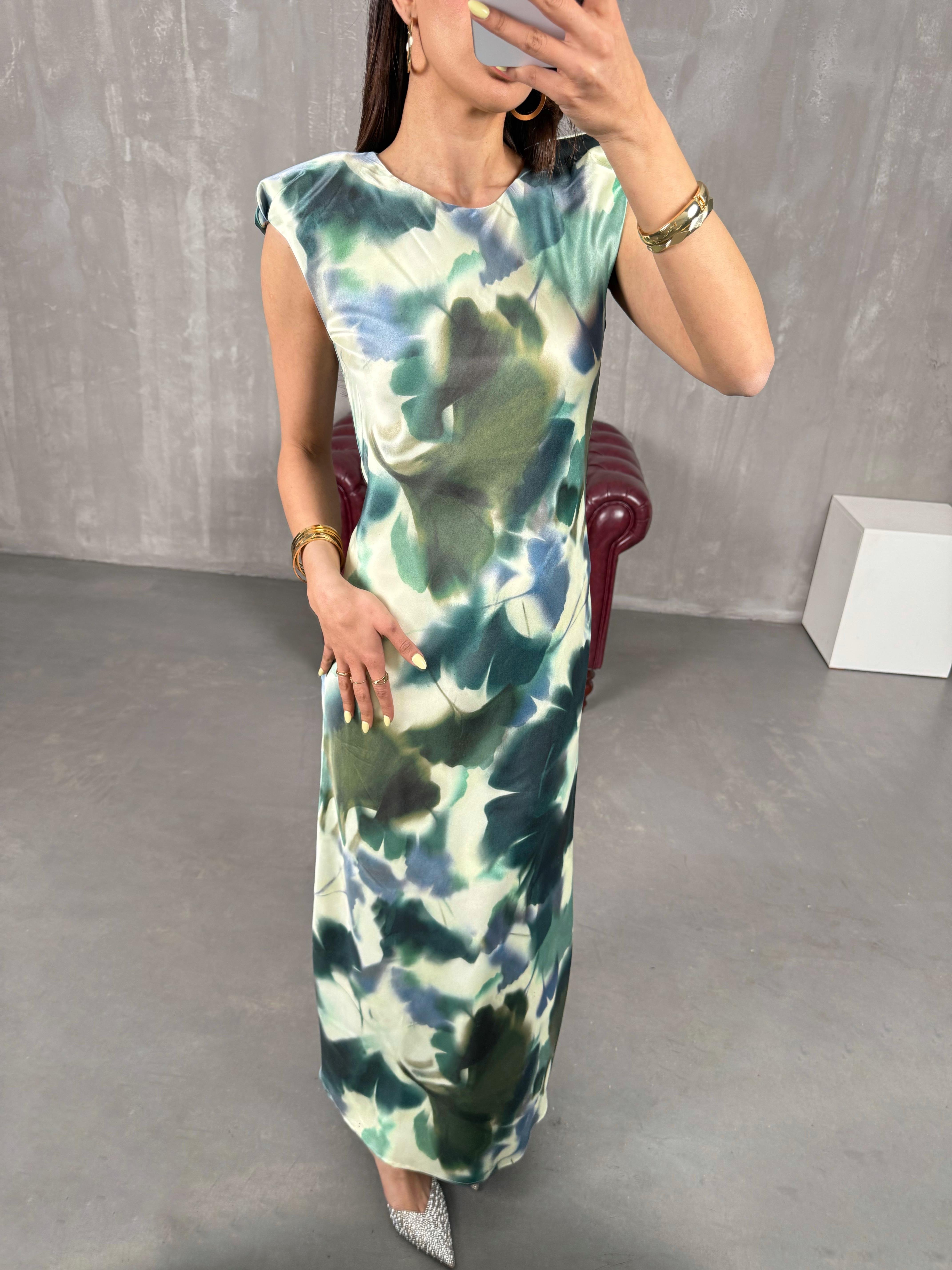 Yeşil Çok Renk Desenli Vatkalı Saten Elbise Gaus00131GausELBİSEGU1001296