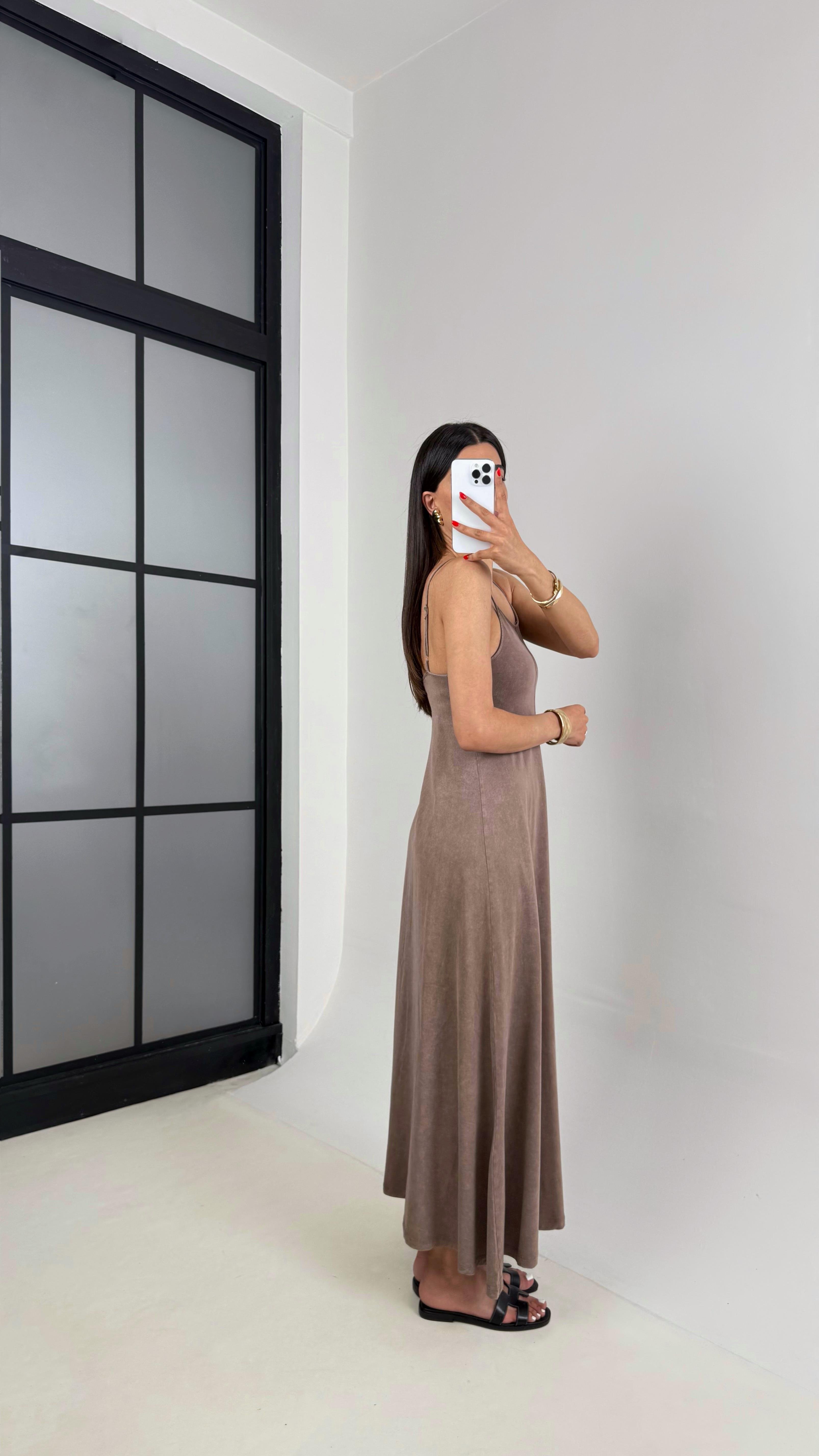 Kahve Yıkamalı Basic Ayarlanabilir Askılı Modal Kumaş Elbise Gaus00472GausELBİSEGU1002104