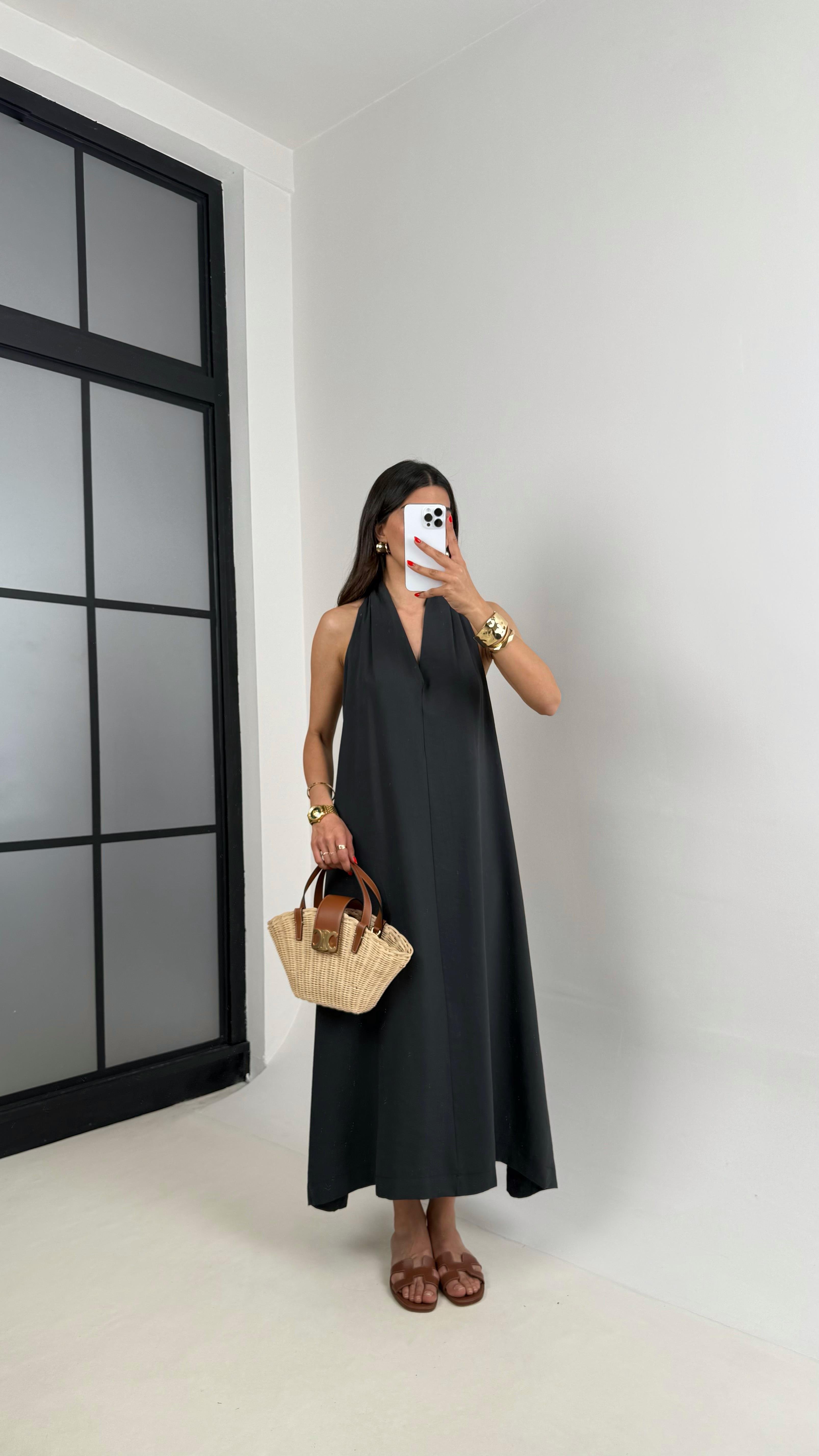 Antrasit V Yaka Sırt Detaylı Premium Tencel Elbise Gaus00481 GausELBİSEGU1002126