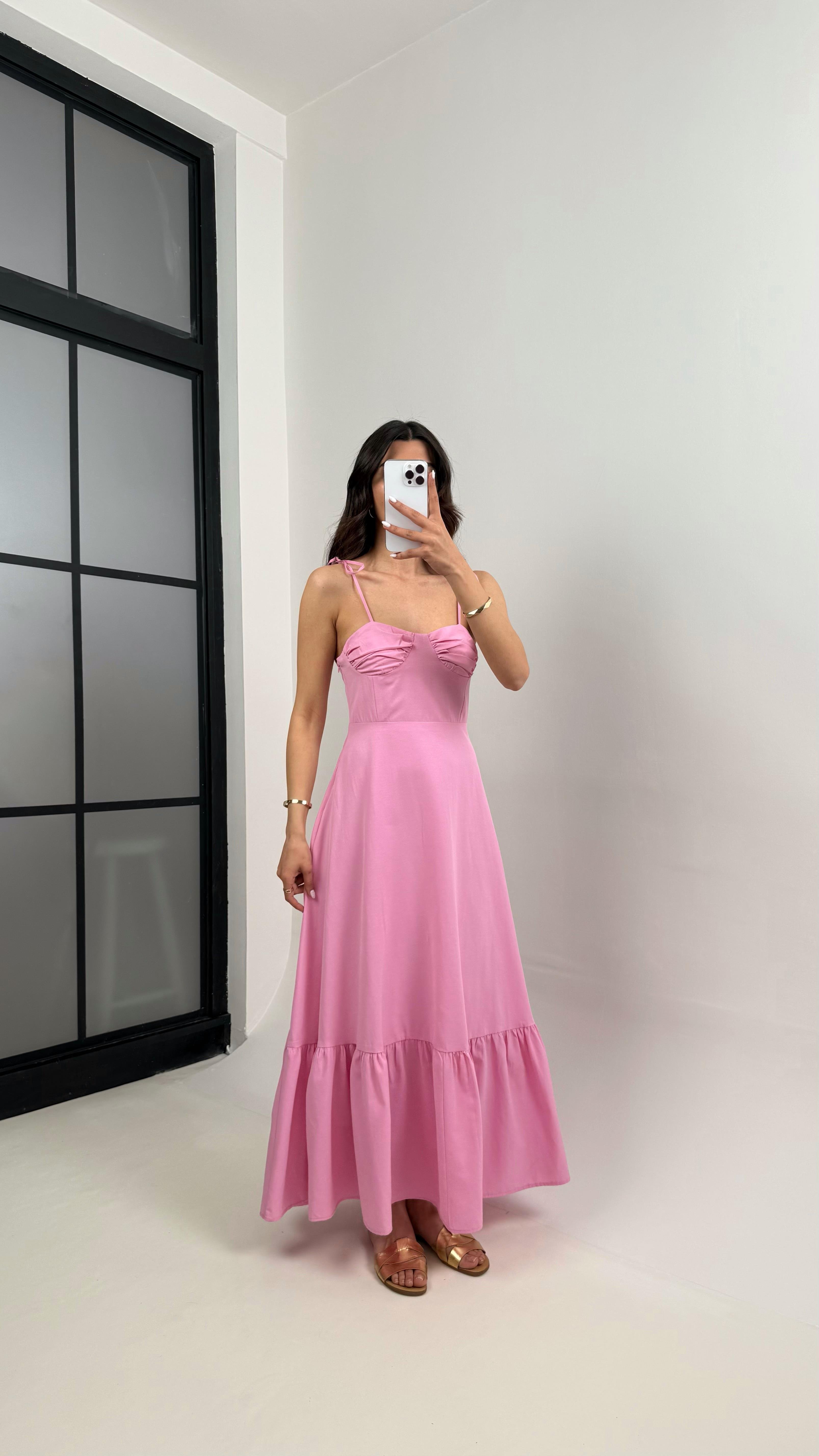 Pembe Ayarlanabilir Askılı Astarlı Altı Fırfır Detaylı Pinterest Elbise Gaus00340GausELBİSEGU1001794