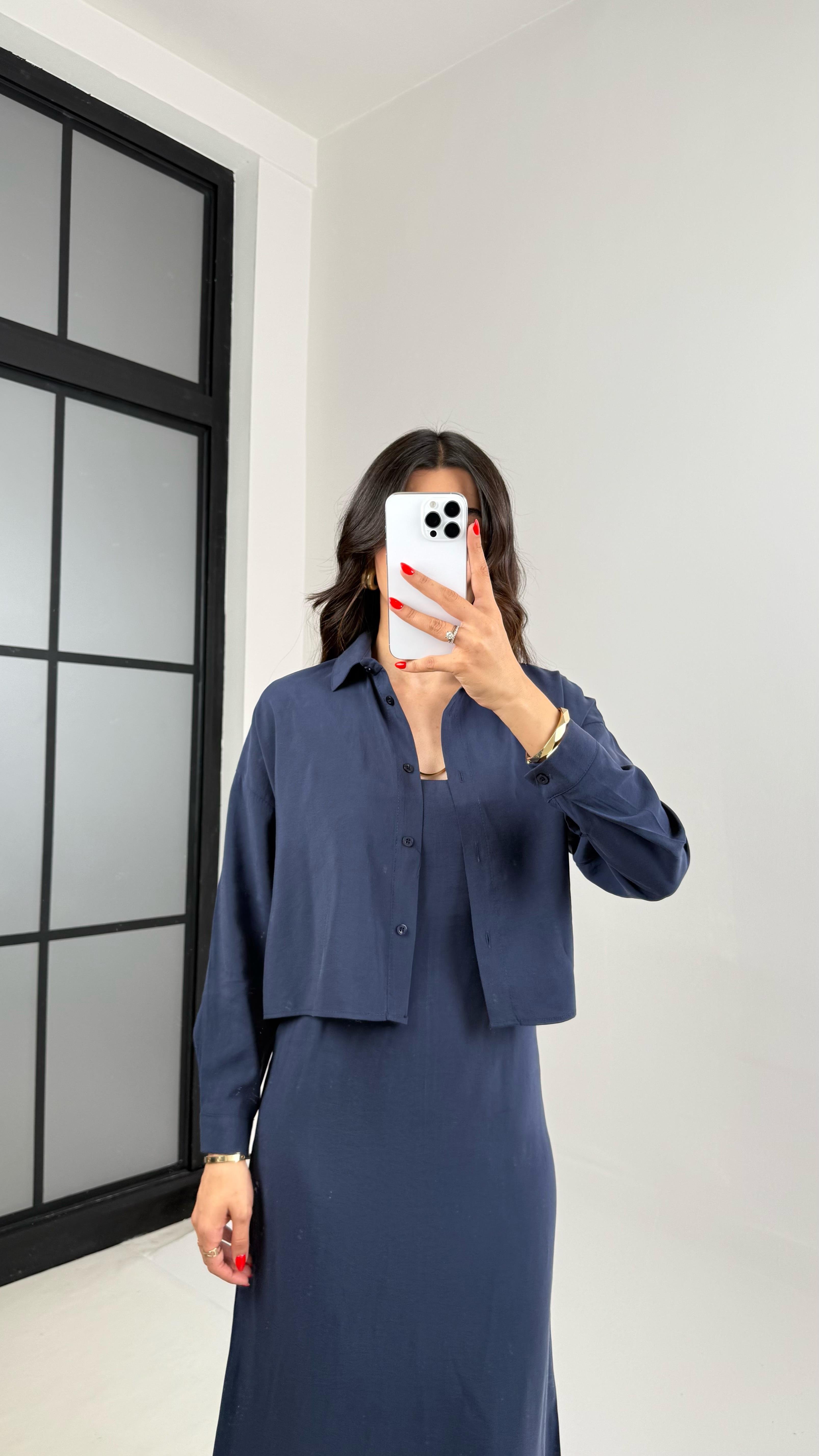 Lacivert Ayarlanabilir Askılı Elbise Gömlek İkili Tensel Takım Gaus00467GausTAKIMGU1002096