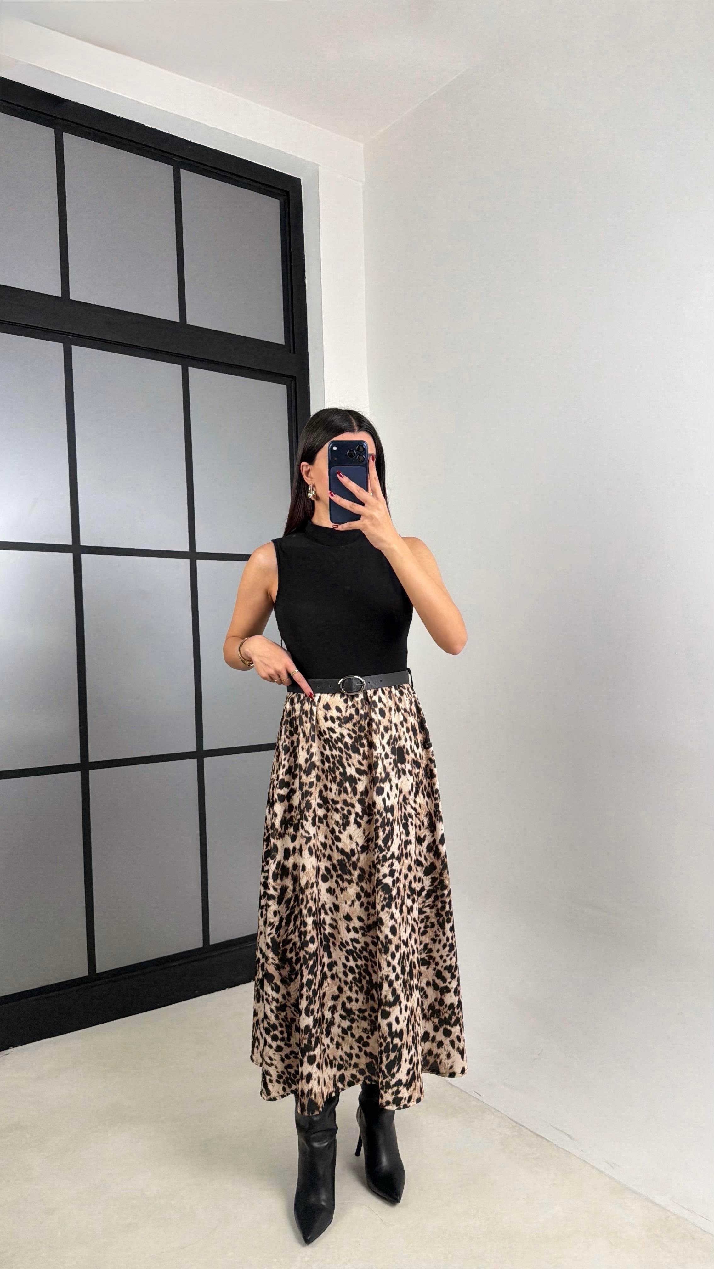 Siyah Sıfır Kol Kemerli Leopar Desenli Elbise GAUS-00678GAUSELBİSEGAUS-00678