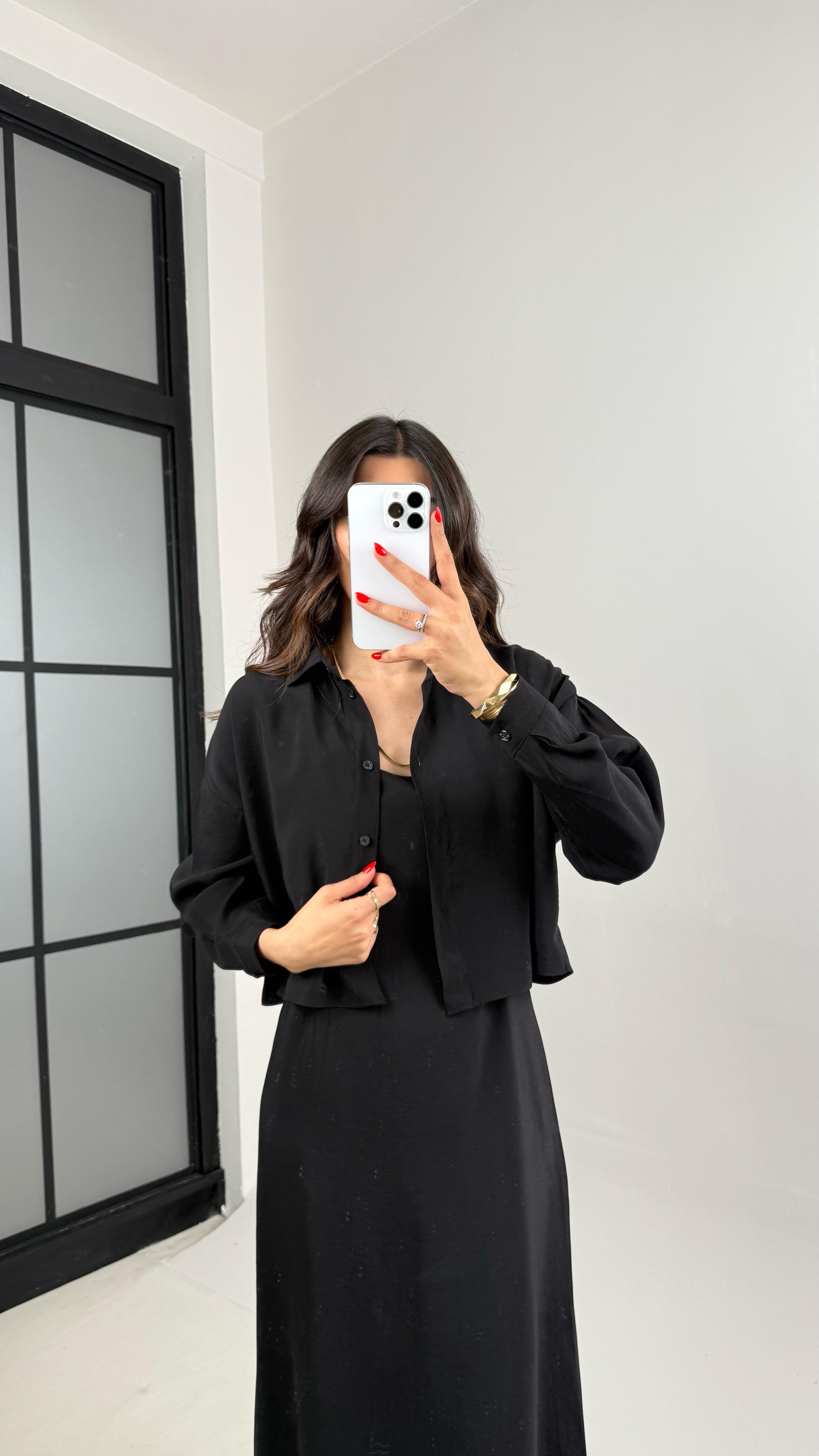 Siyah Ayarlanabilir Askılı Elbise Gömlek İkili Tensel Takım Gaus00467GausTAKIMGU1002092