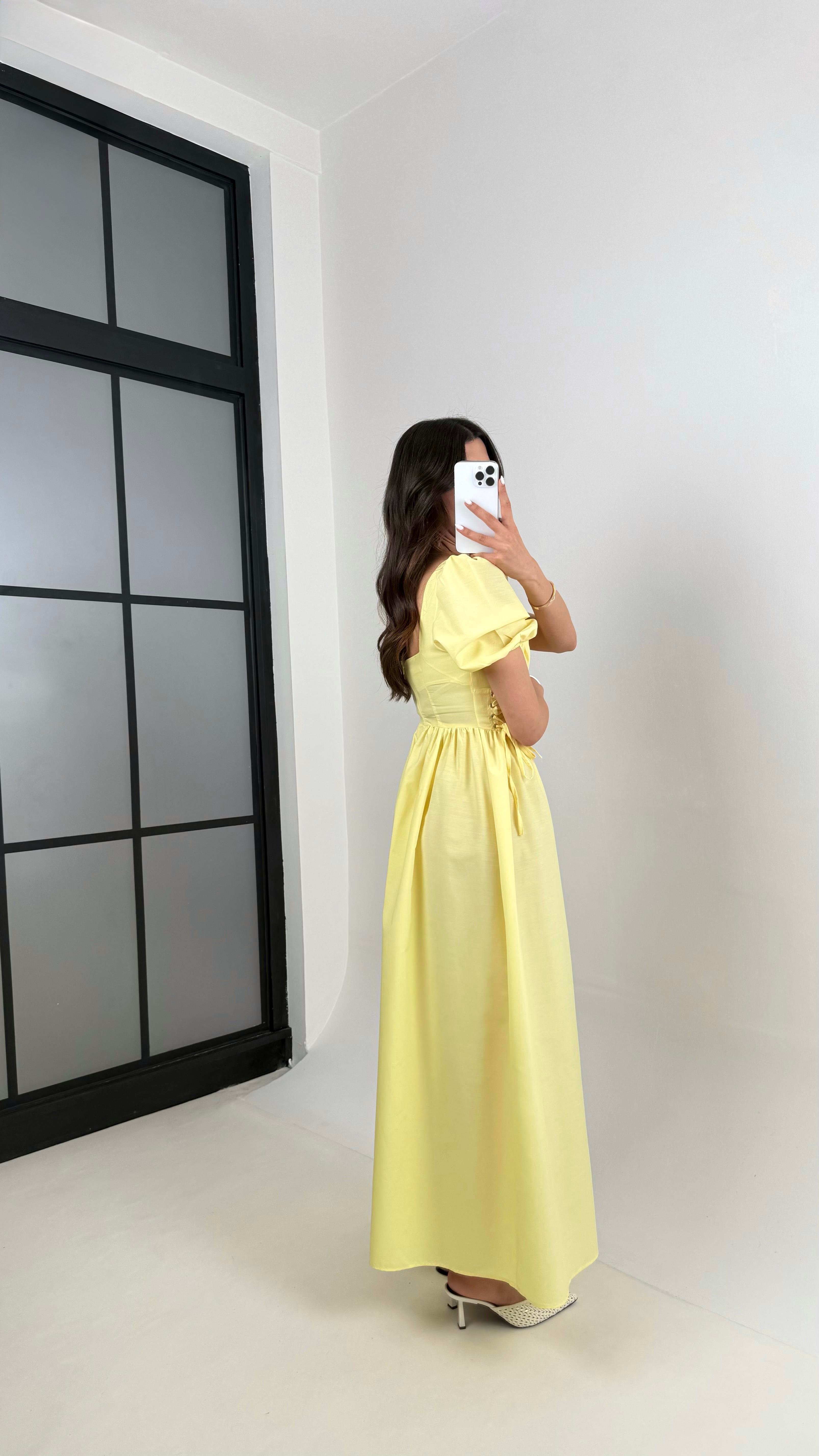 Sarı Balon Kol Önü Büzgülü İthal Kumaş Elbise Gaus00425GausELBİSEGU1001991