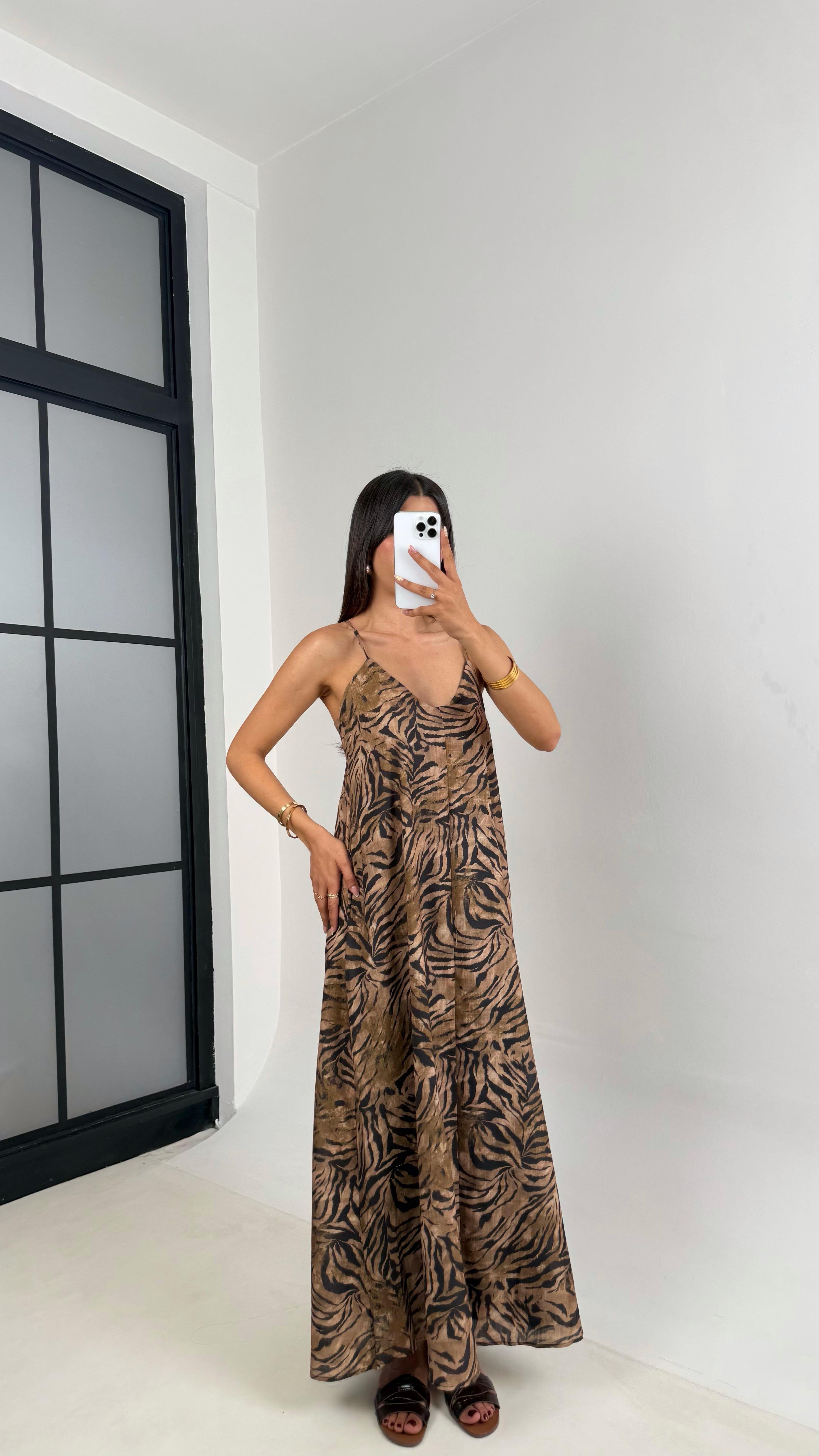 Muadil Desenli Ayarlanabilir Askılı Astarlı Cepli Elbise Gaus00662GausELBİSEGU1002531