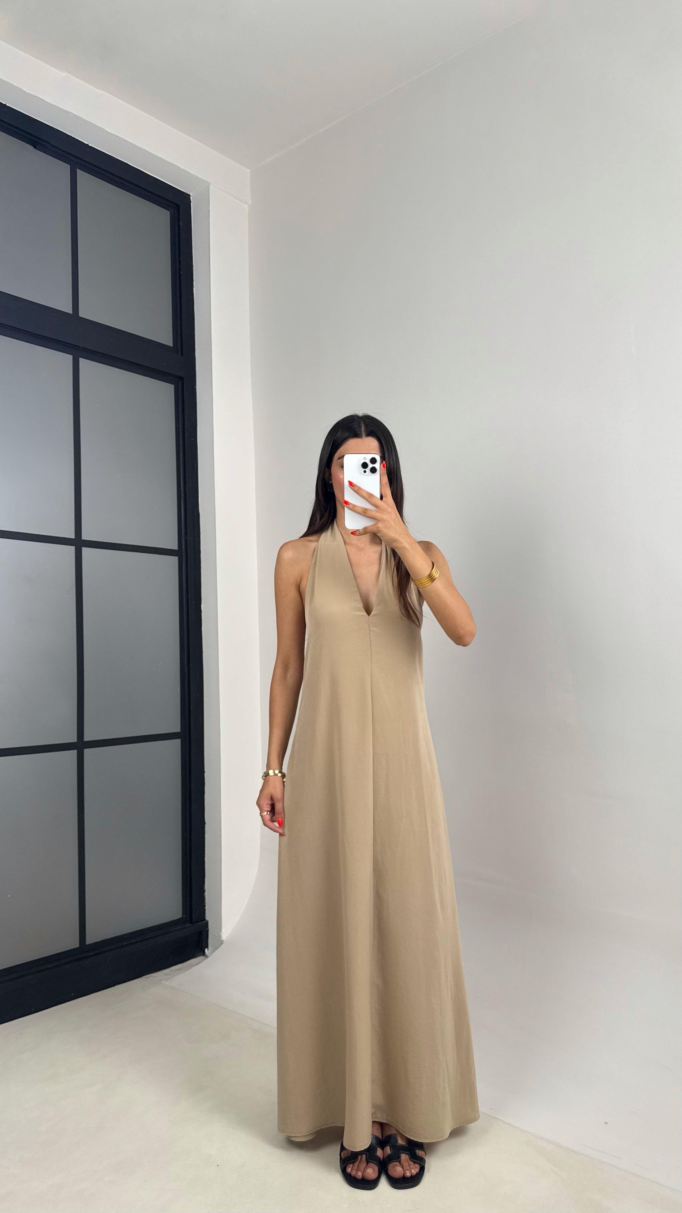 Taş Boyundan Bağlamalı V Yaka Tencel Elbise GAUS-0014GAUSELBİSEGAUS-0014