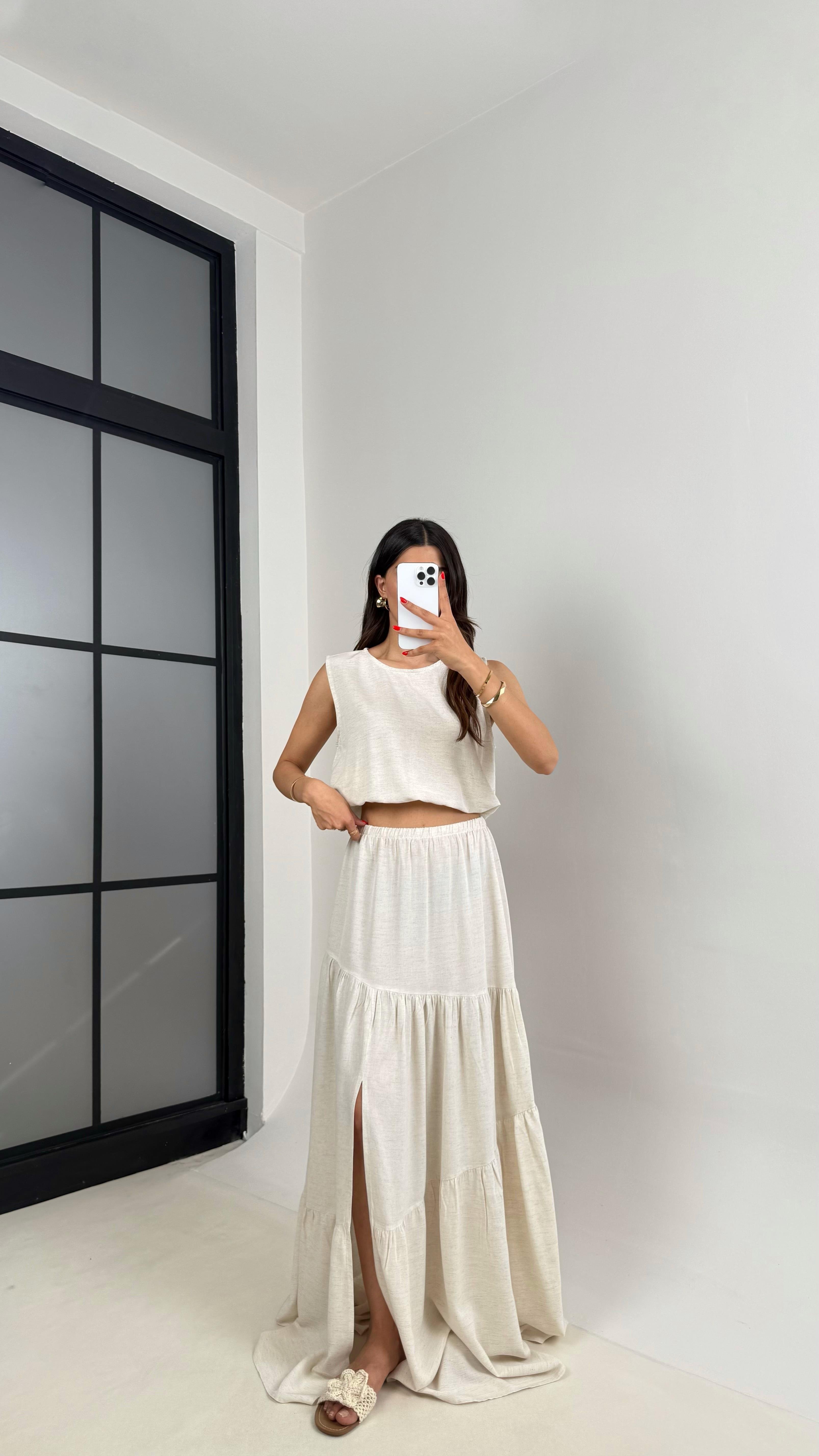 Taş Omzu Açık Bluz Beli Lastikli Etek İkili Keten Takım Gaus00514 GausTAKIMGU1002207