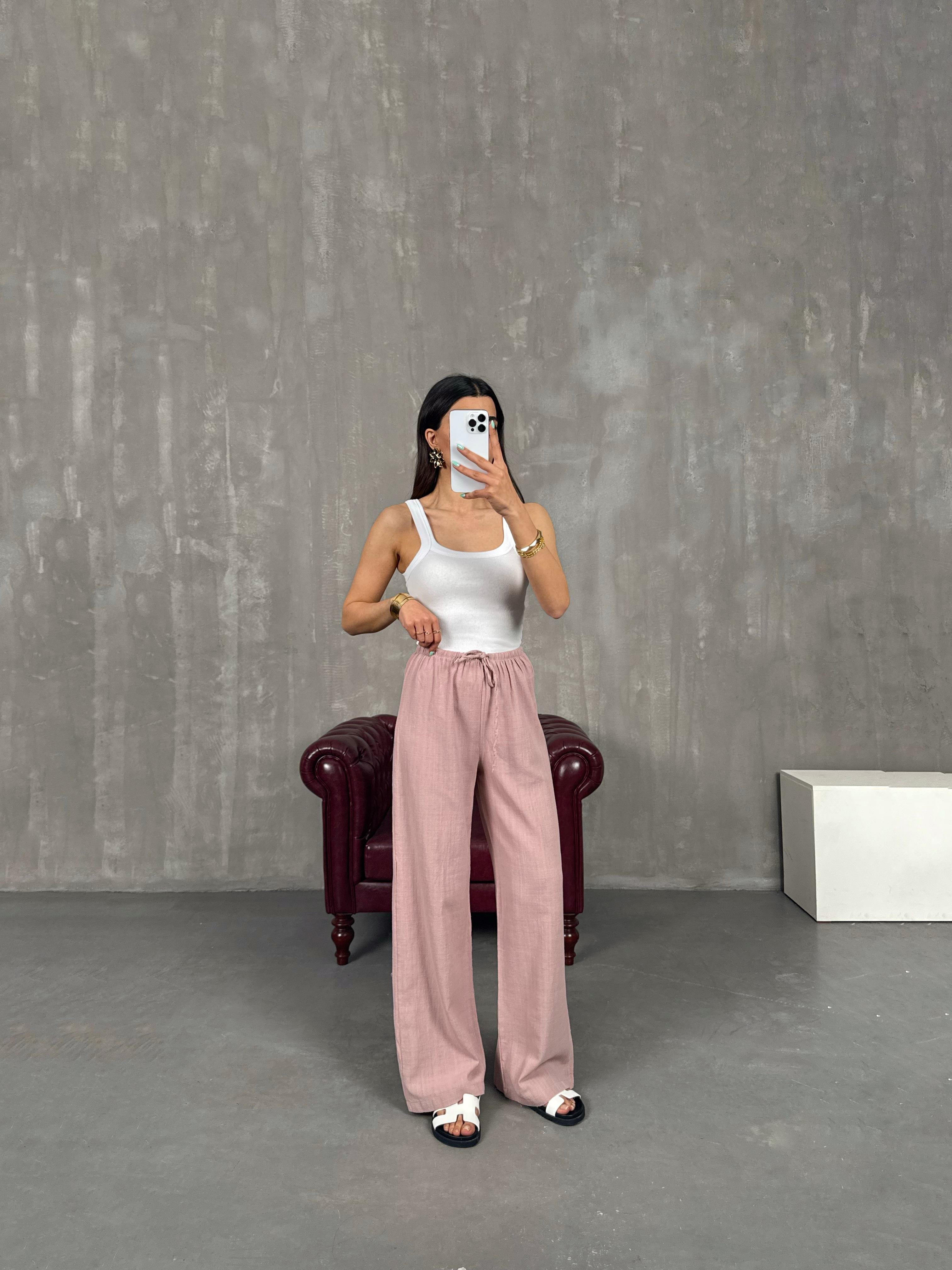 Gül Kurusu Beli Lastikli Keten Pantolon Gaus00237GausPANTOLONGU1001547