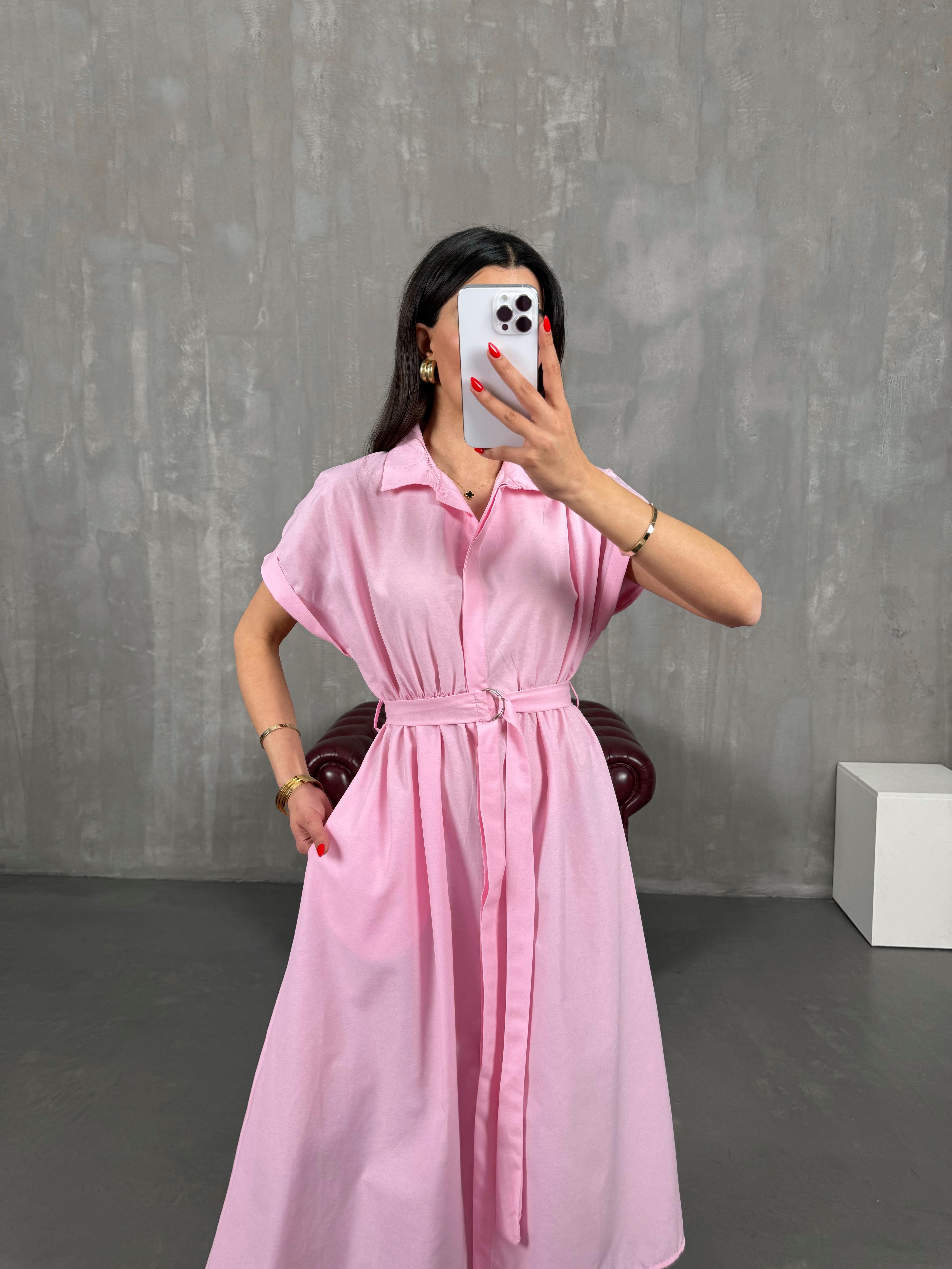 Pembe Ön Düğmeli Kuşaklı Beli Lastikli Gömlek Yaka Elbise Gaus00178GausDressesGU1001412