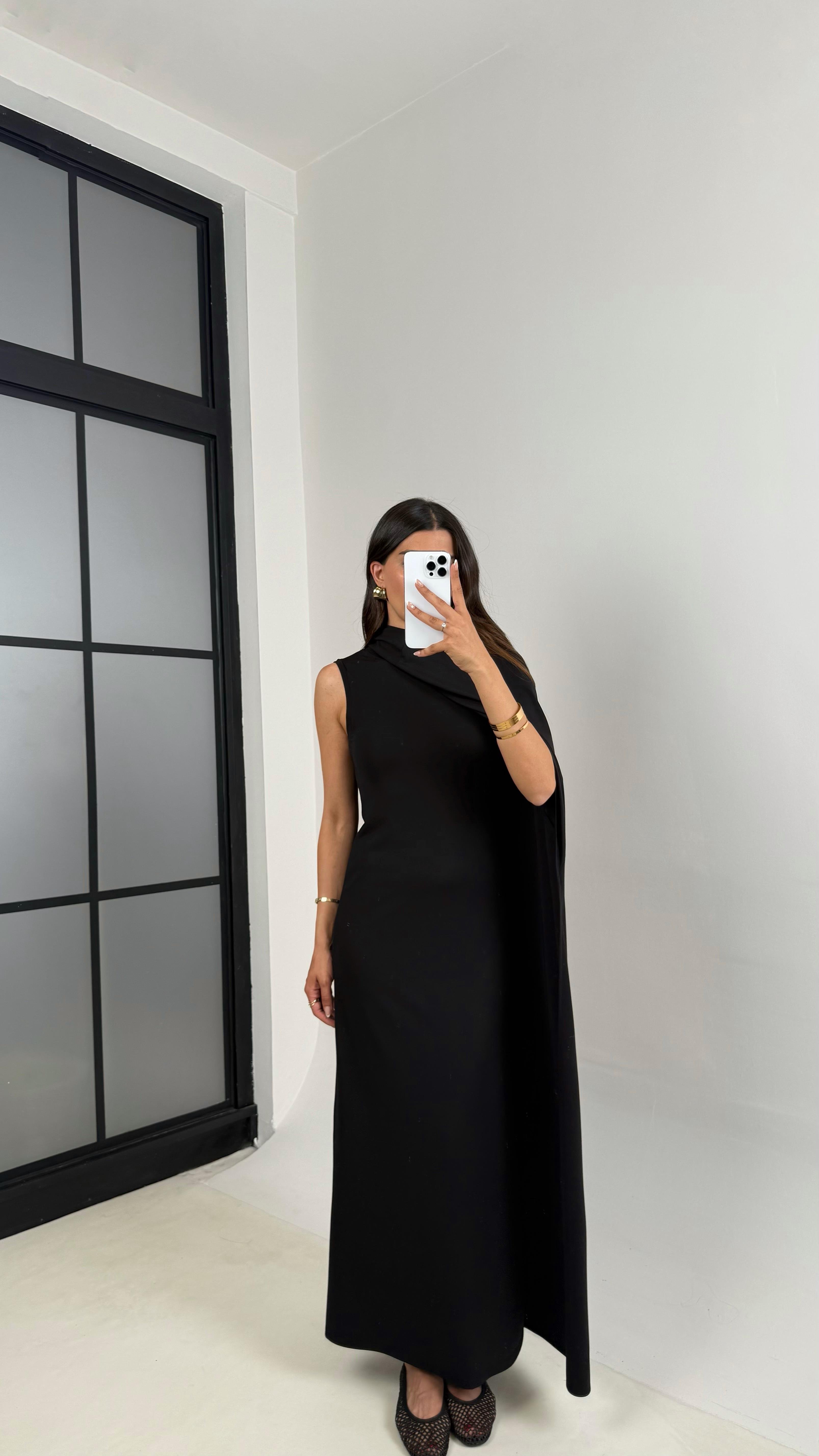 Siyah Pelerinli Elbise Modal Premium Takım Gaus00625GausTAKIMGU1002458