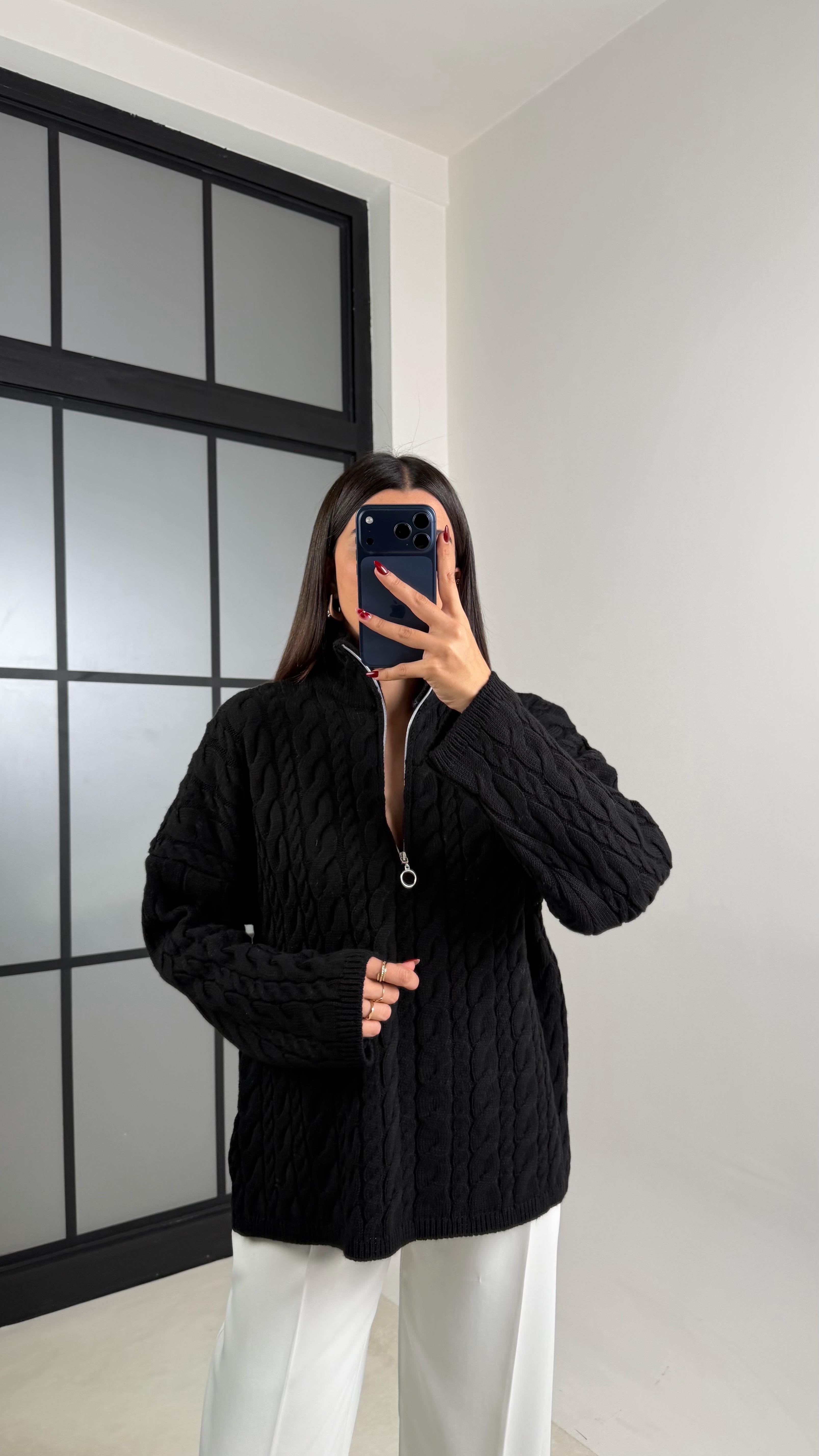 Siyah Fermuarlı Örgü Kazak GAUS-00213GAUS الكنزات GAUS-00213