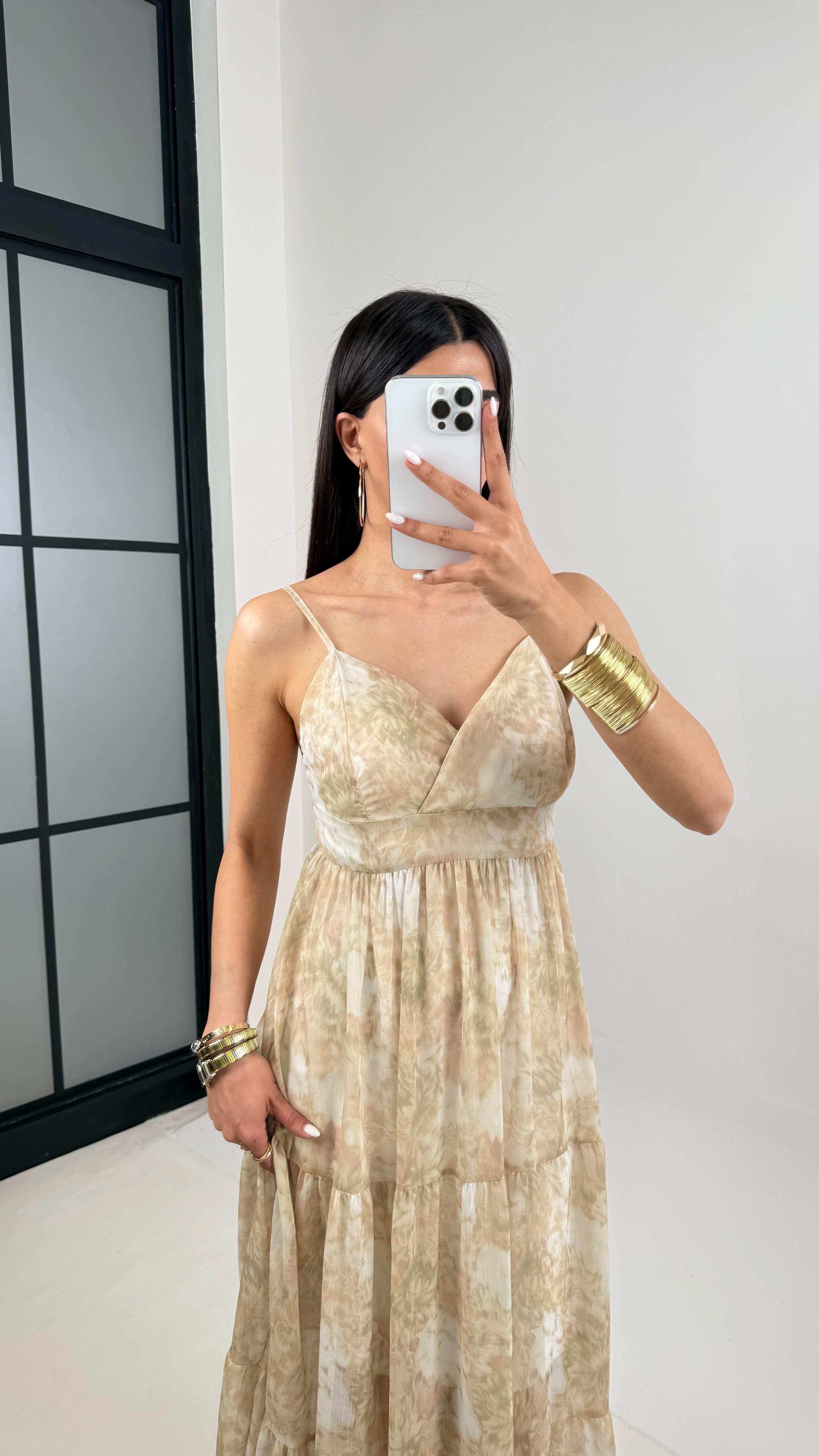 Bej Desenli Ayarlanabilir Askılı Yarım Astarlı Şifon Elbise Gaus00411GausELBİSEGU1001959