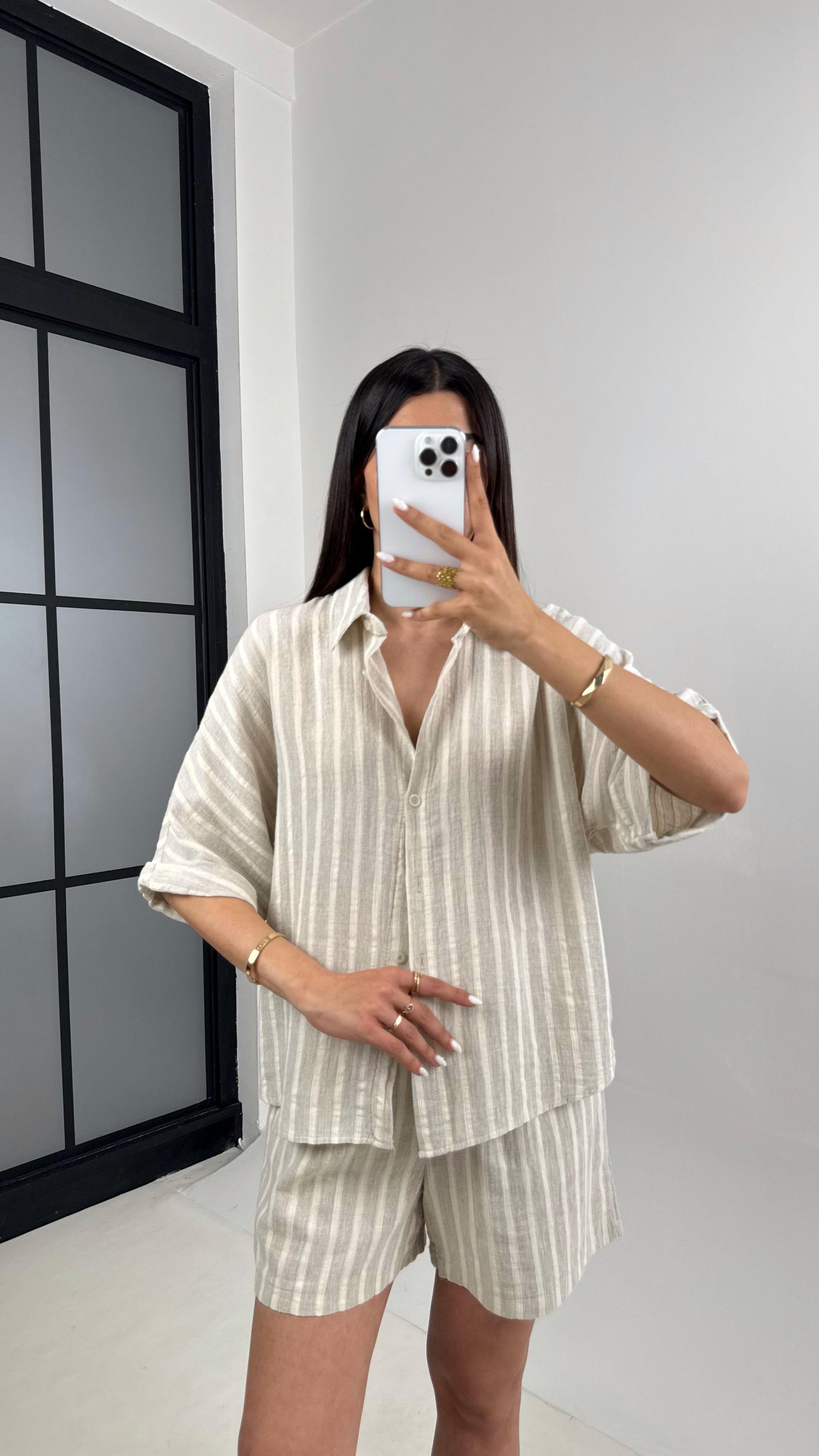 Taş Vizon Çizgili Şortlu İkili Müslin Takım Gaus00446GausTAKIMGU1002040