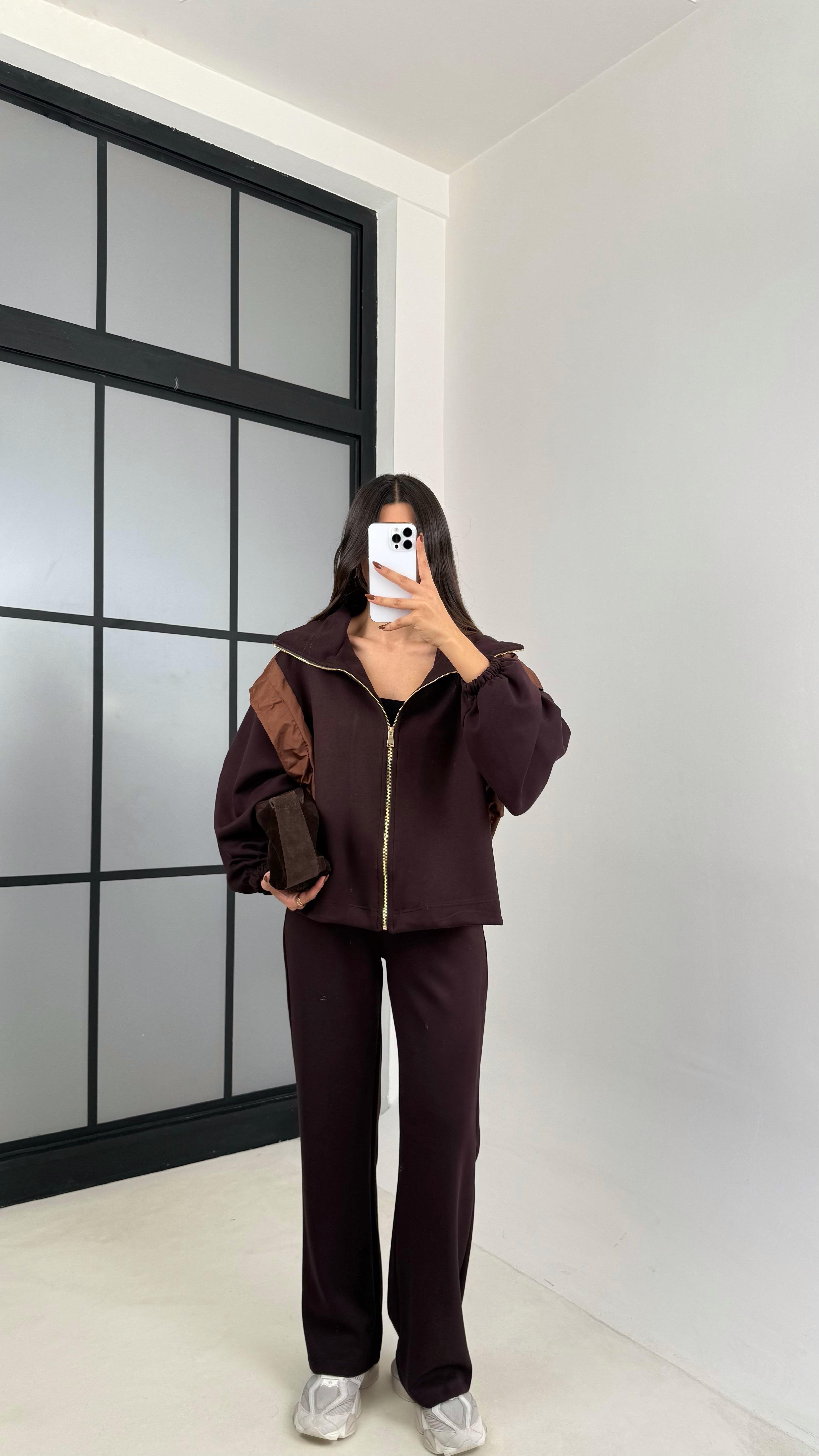 Kahve Paraşüt Kumaş Detaylı Hırka Pantolon İkili Modal Kumaş Takım GAUS-00209GAUSTAKIMGAUS-00209