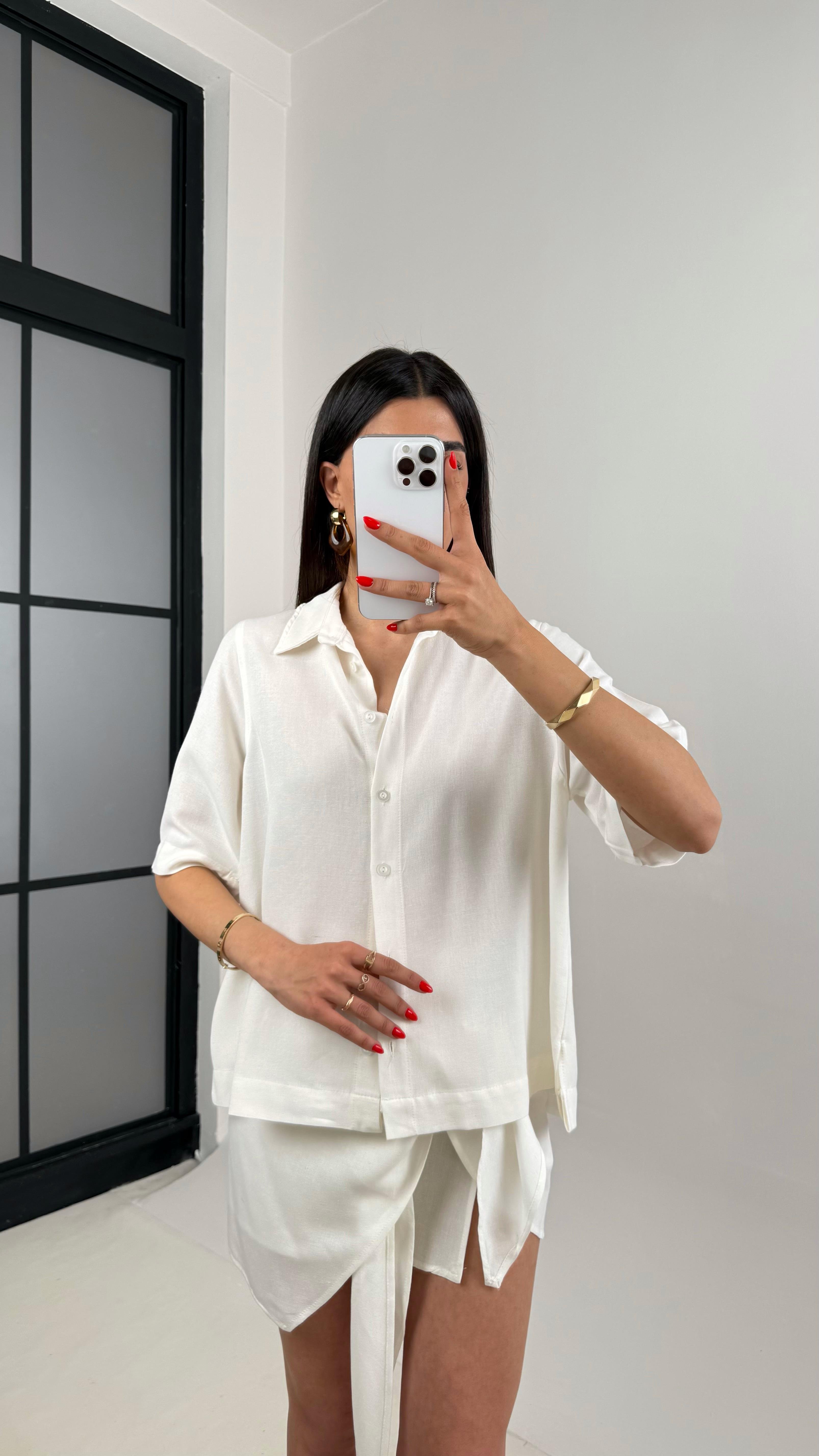 Beyaz Önü Düğmeli Gömlek Beli Bağlama Detaylı Etek Keten Takım Gaus00459GausTAKIMGU1002069