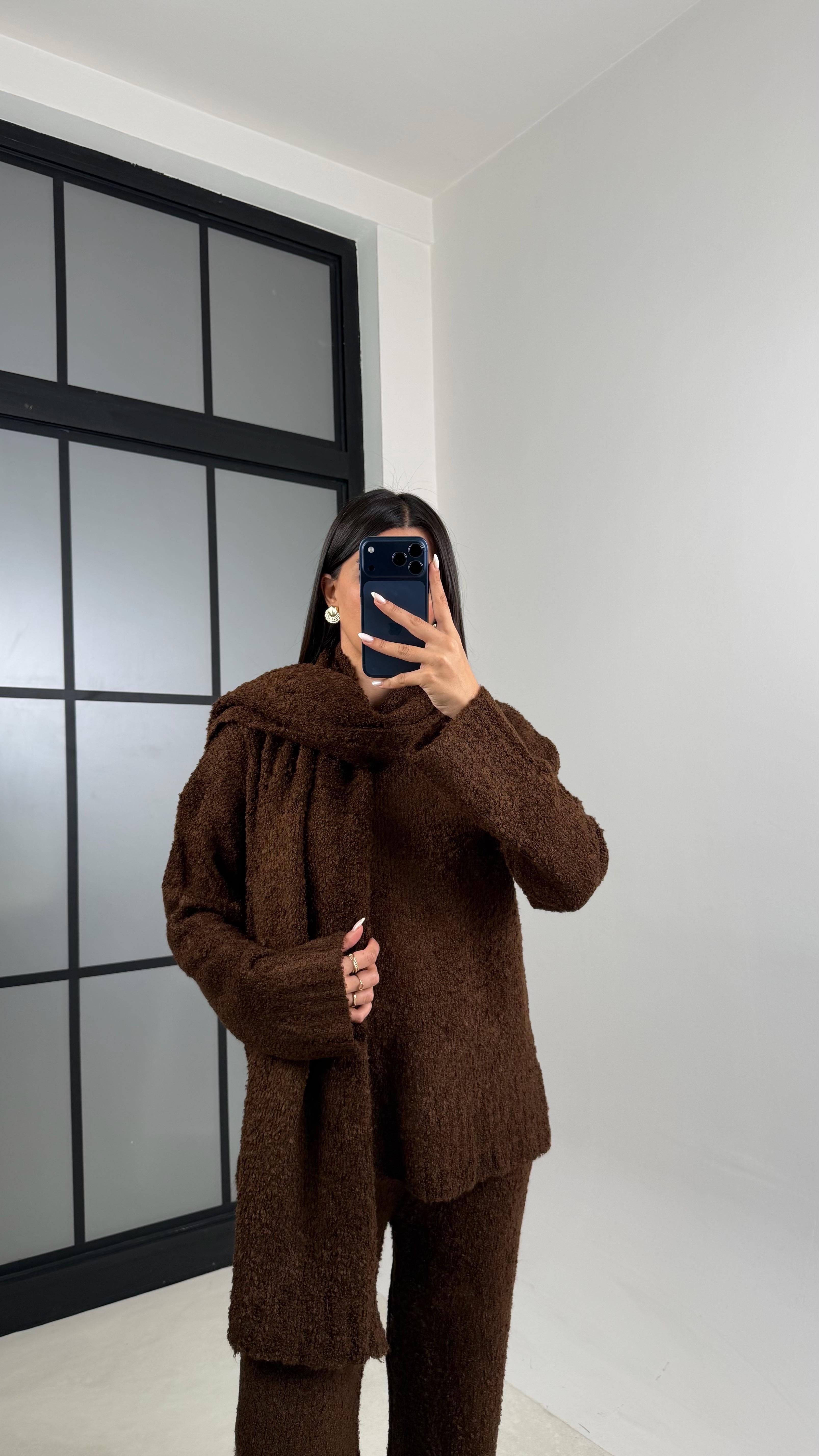 Kahve Atkı Detaylı Kazak Beli Lastikli Pantolon 3'Lü Yumuşak Dokulu Triko Takım GAUS-00654GAUSTAKIMGAUS-00654