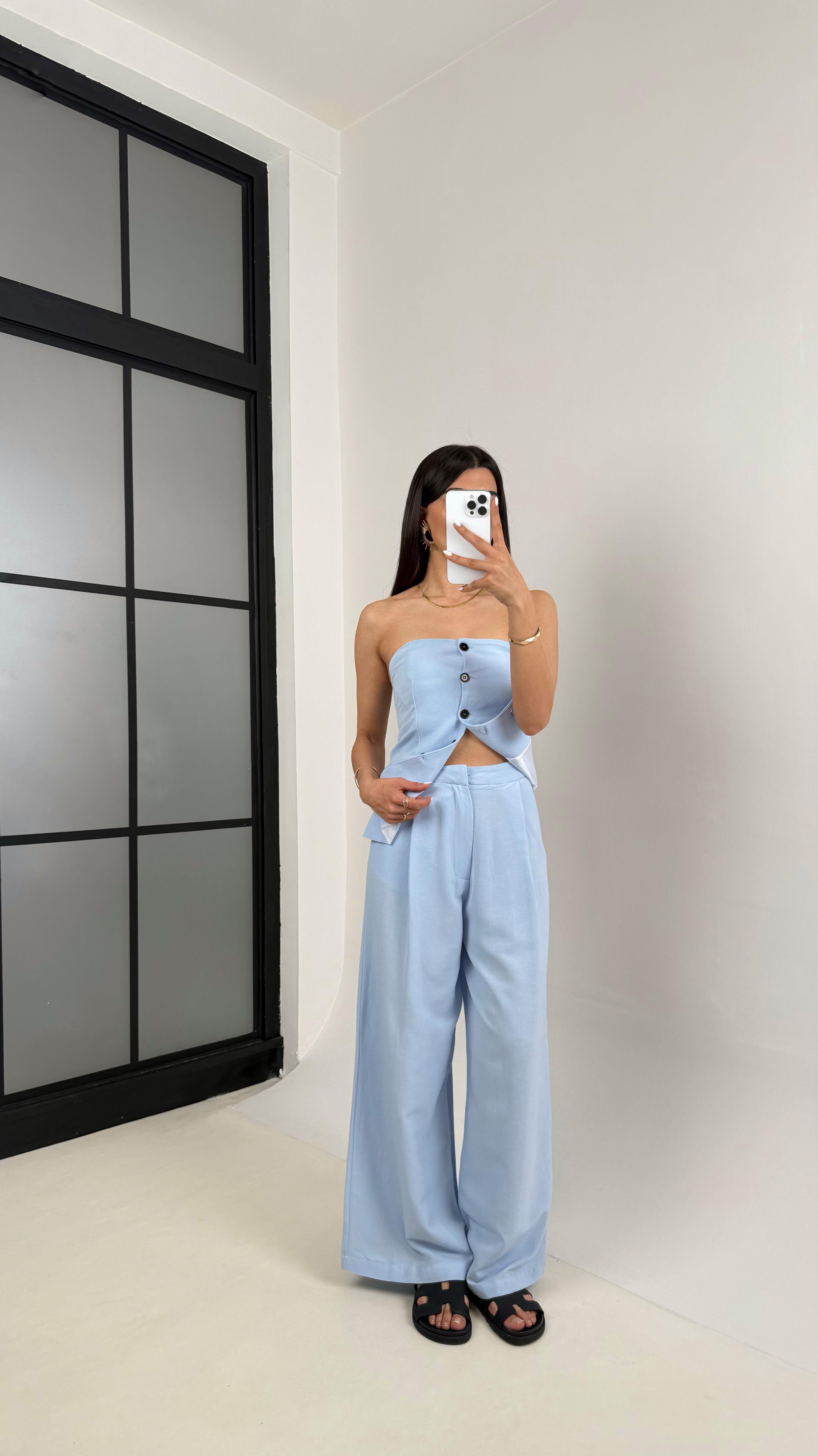 Mavi Straplez Düğmeli Üst Cepli Pantolon İkili Keten Tasarım Takım Gaus00440GausTAKIMGU1002018