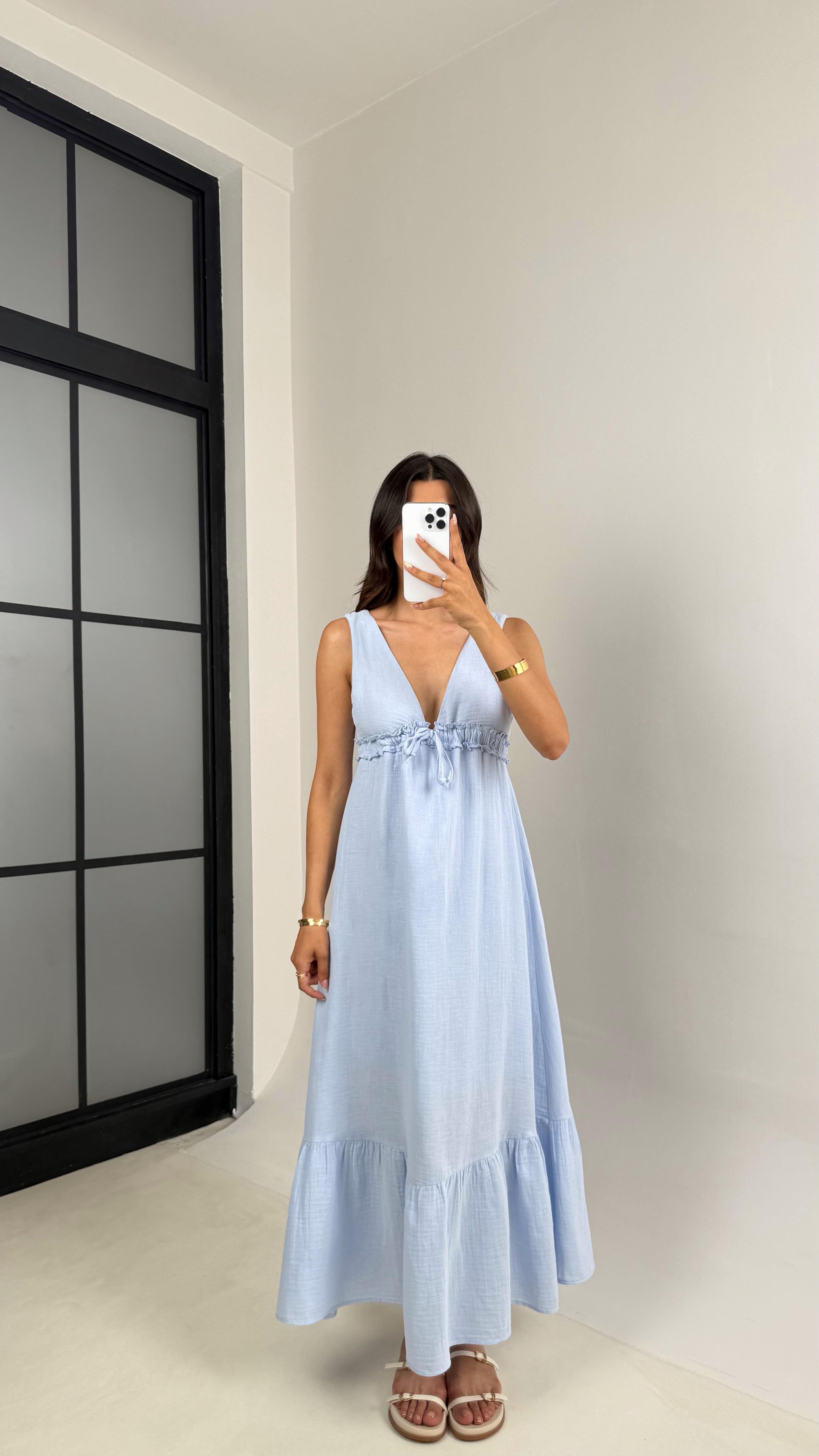 Mavi V Yaka Beli Ayarlanabilir Lastikli Astarlı Müslin Elbise Gaus00680GausELBİSEGU1002573