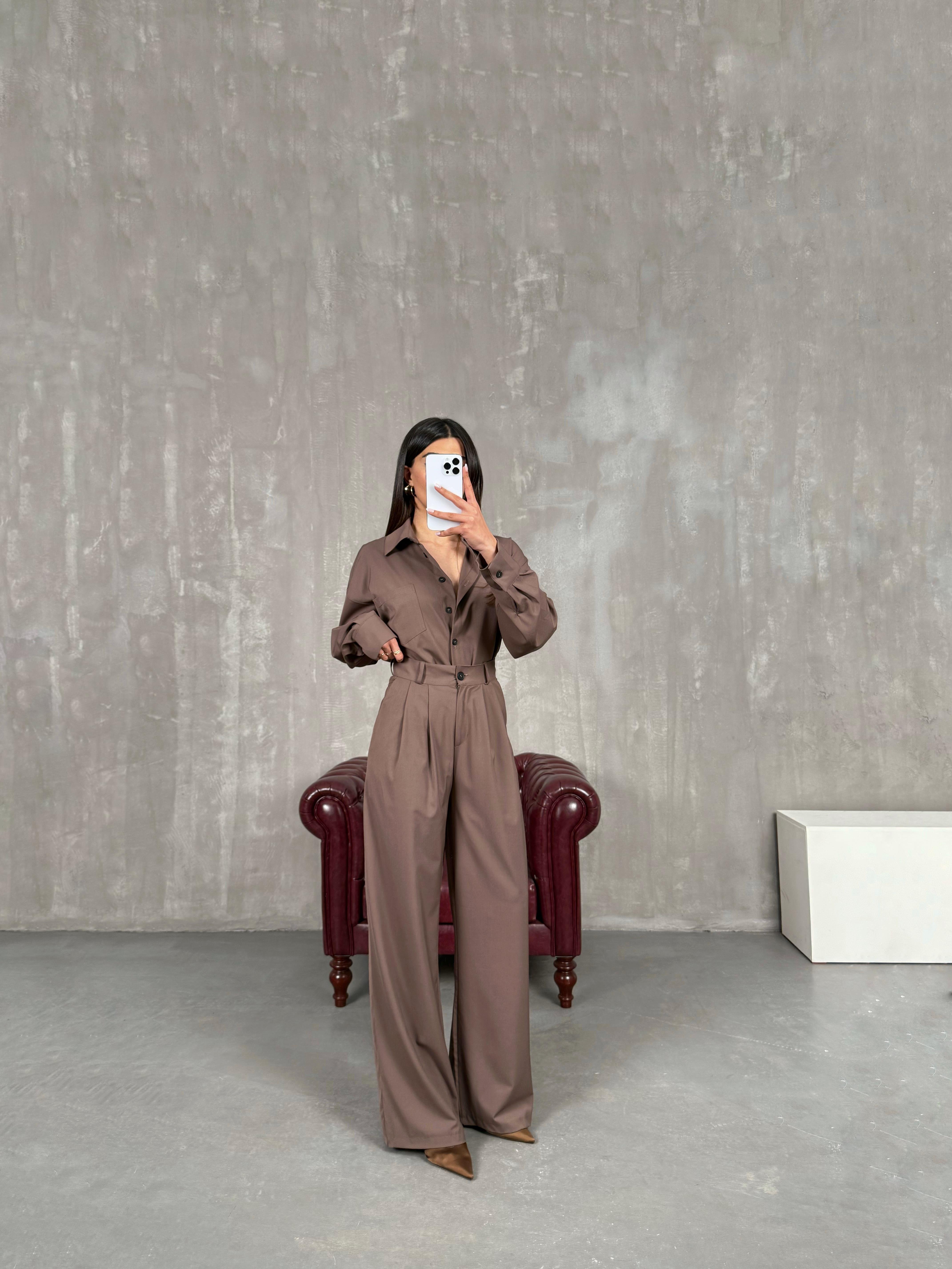 Sütlü Kahve İthal Kumaş Premium Gömlek Pantolon İkili Takım Gaus00273GausTAKIMGU1001634