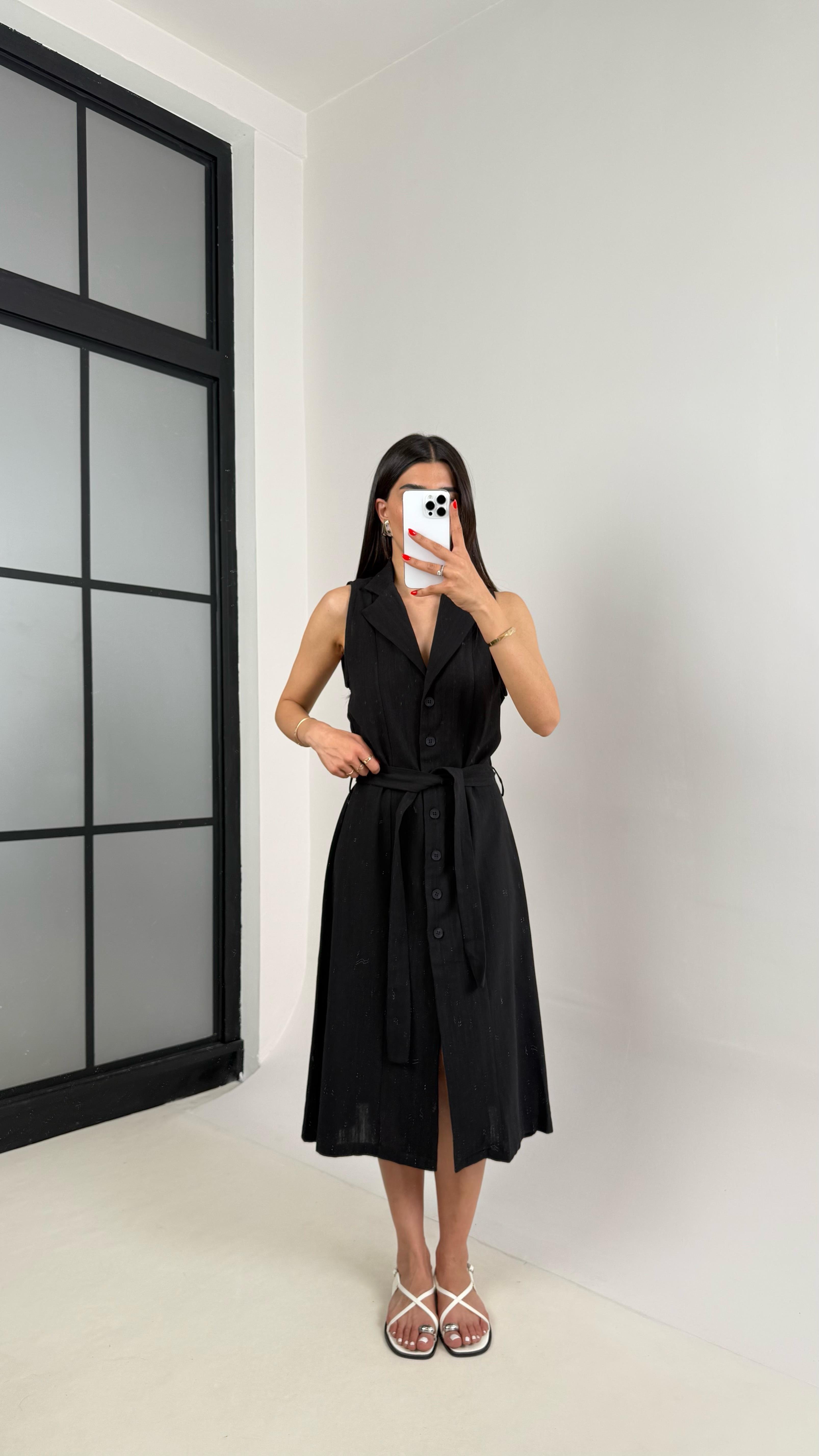 Siyah V Yaka Önü Düğmeli Kuşaklı Keten Elbise Gaus00461 GausELBİSEGU1002075