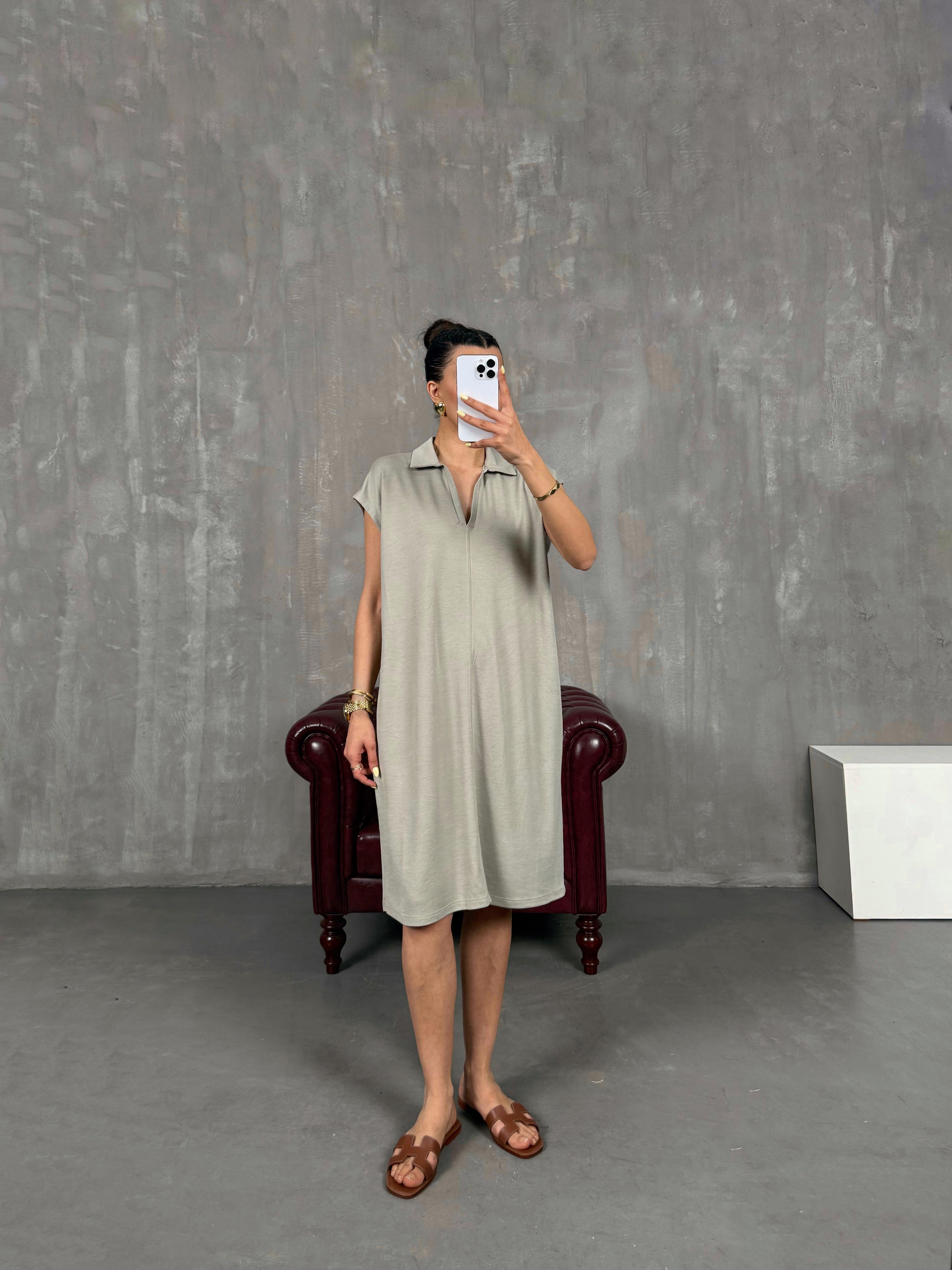 Bej V Polo Yaka Elbise Gaus00117GausELBİSEGU1001263