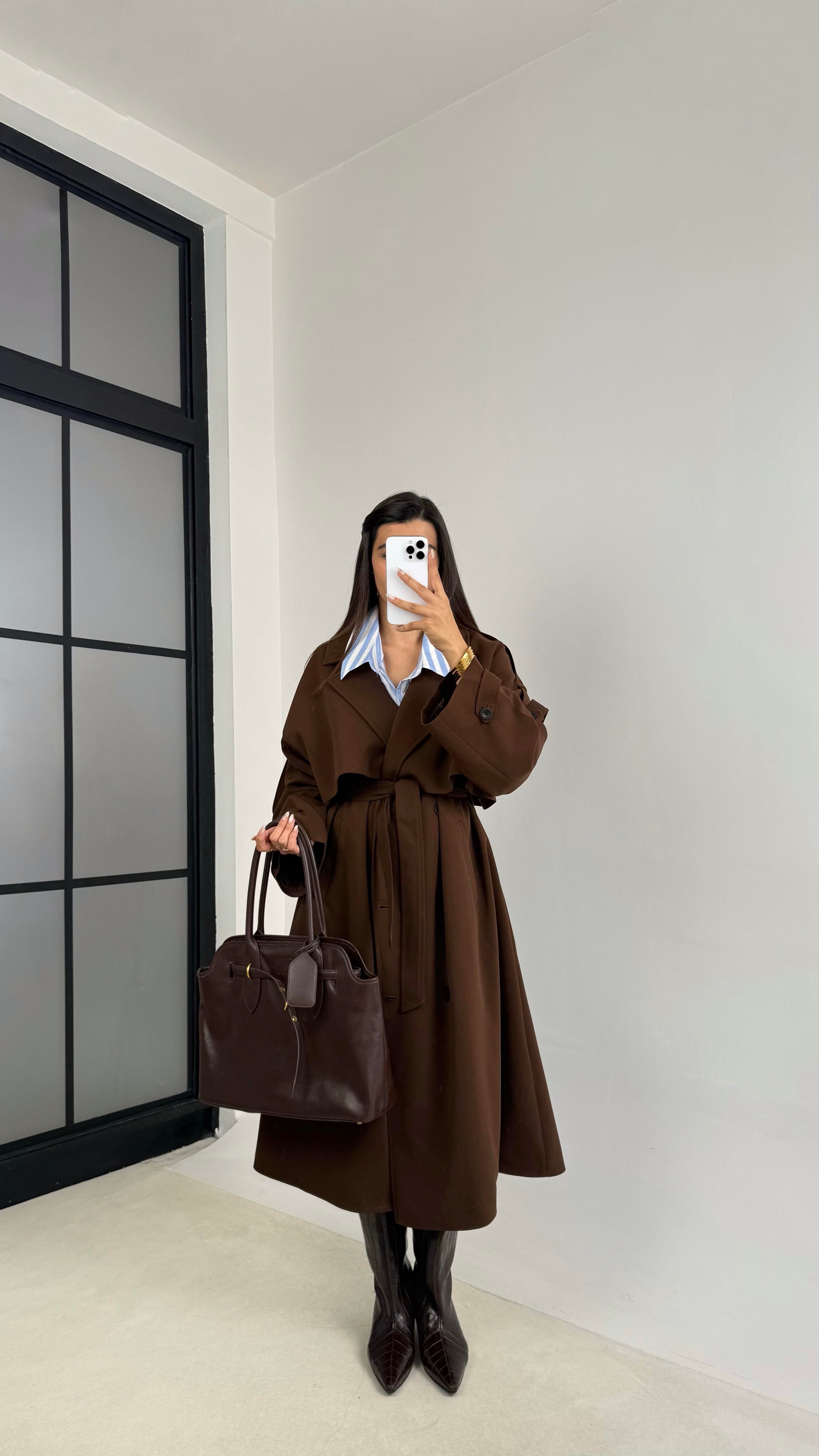 Kahve Kuşaklı Astarlı Cepli Premium Uzun Trençkot GAUS-00119GAUSTRENÇKOTGAUS-00119