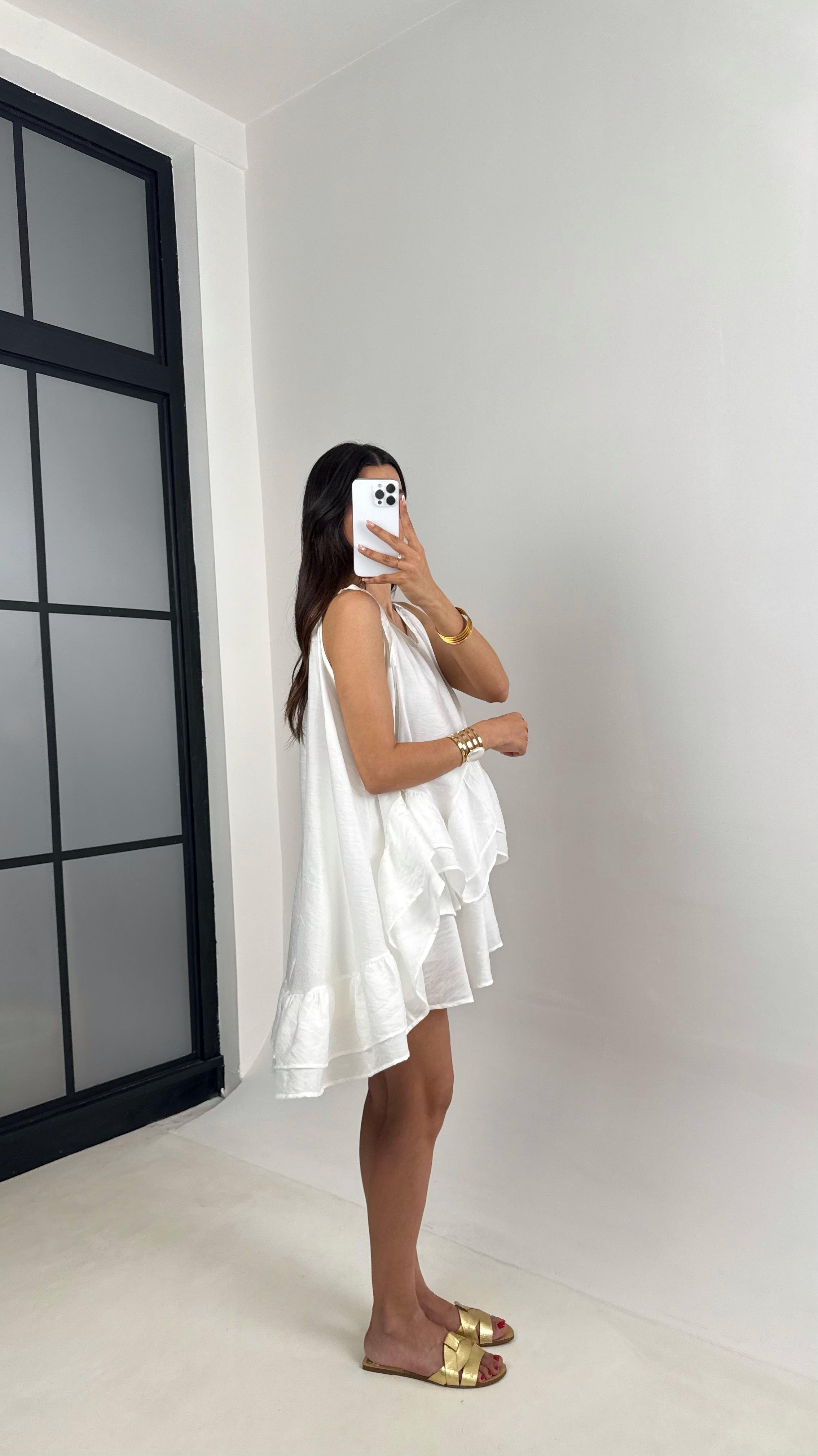 Beyaz Ayarlanabilir Askılı Astarlı Katlı Şifon Elbise Gaus00632GausDressesGU1002474