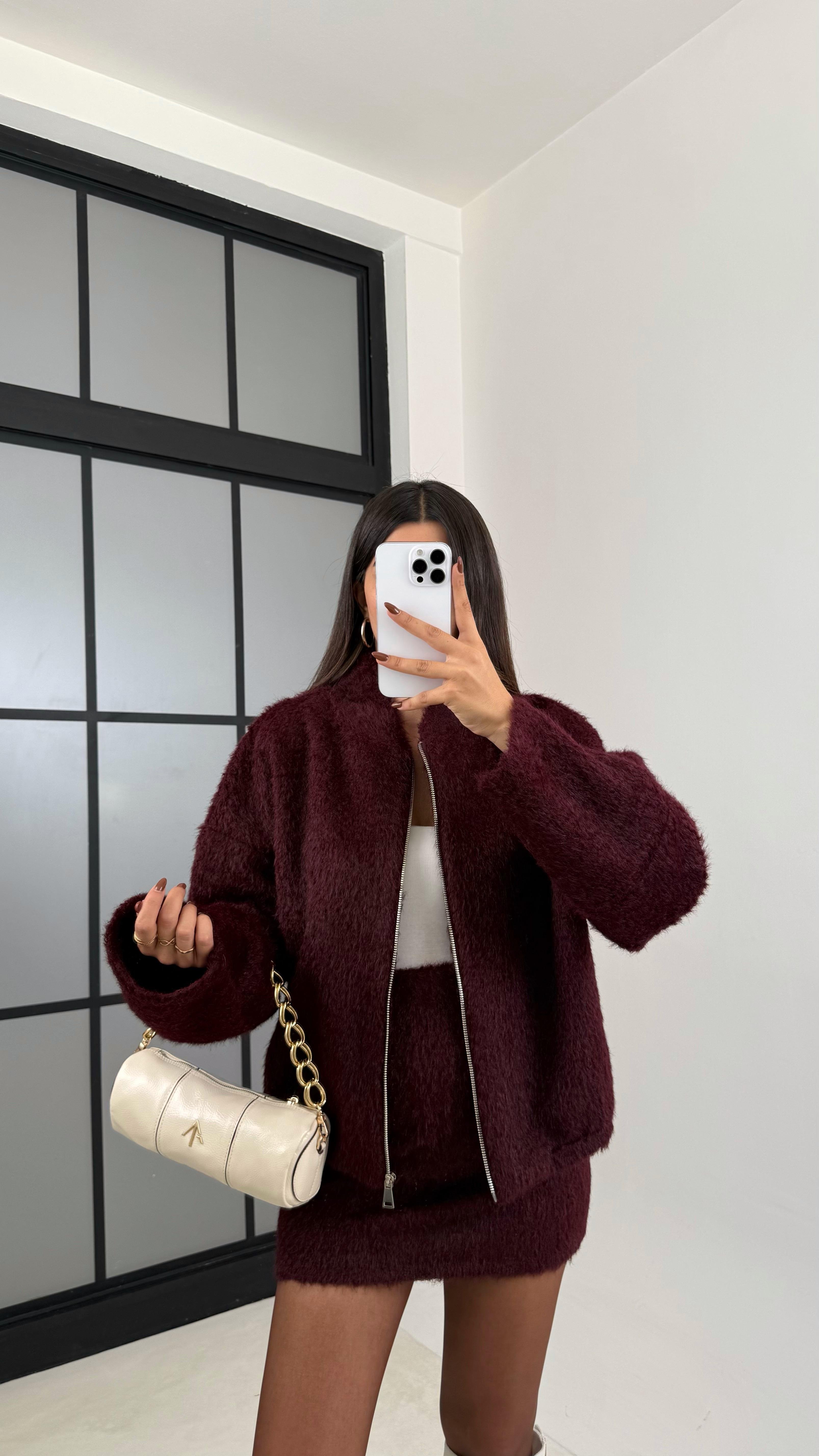 Bordo Ceket Etek Peluş Tüylü İkili Takım GAUS-00218GAUSTAKIMGAUS-00218