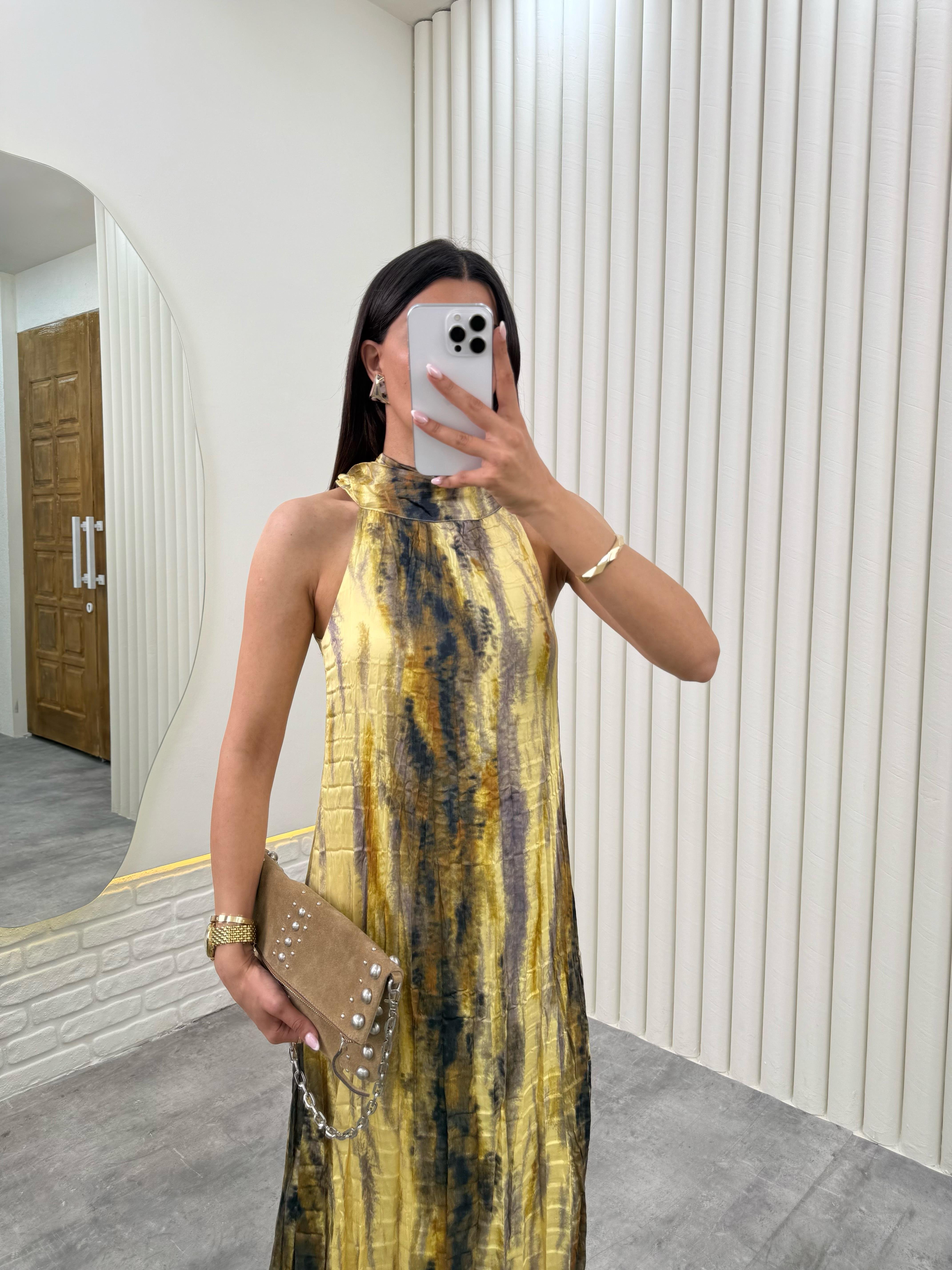 Sarı Renkli Astarlı Kırışık Elbise Gaus00313GausELBİSEGU1001719