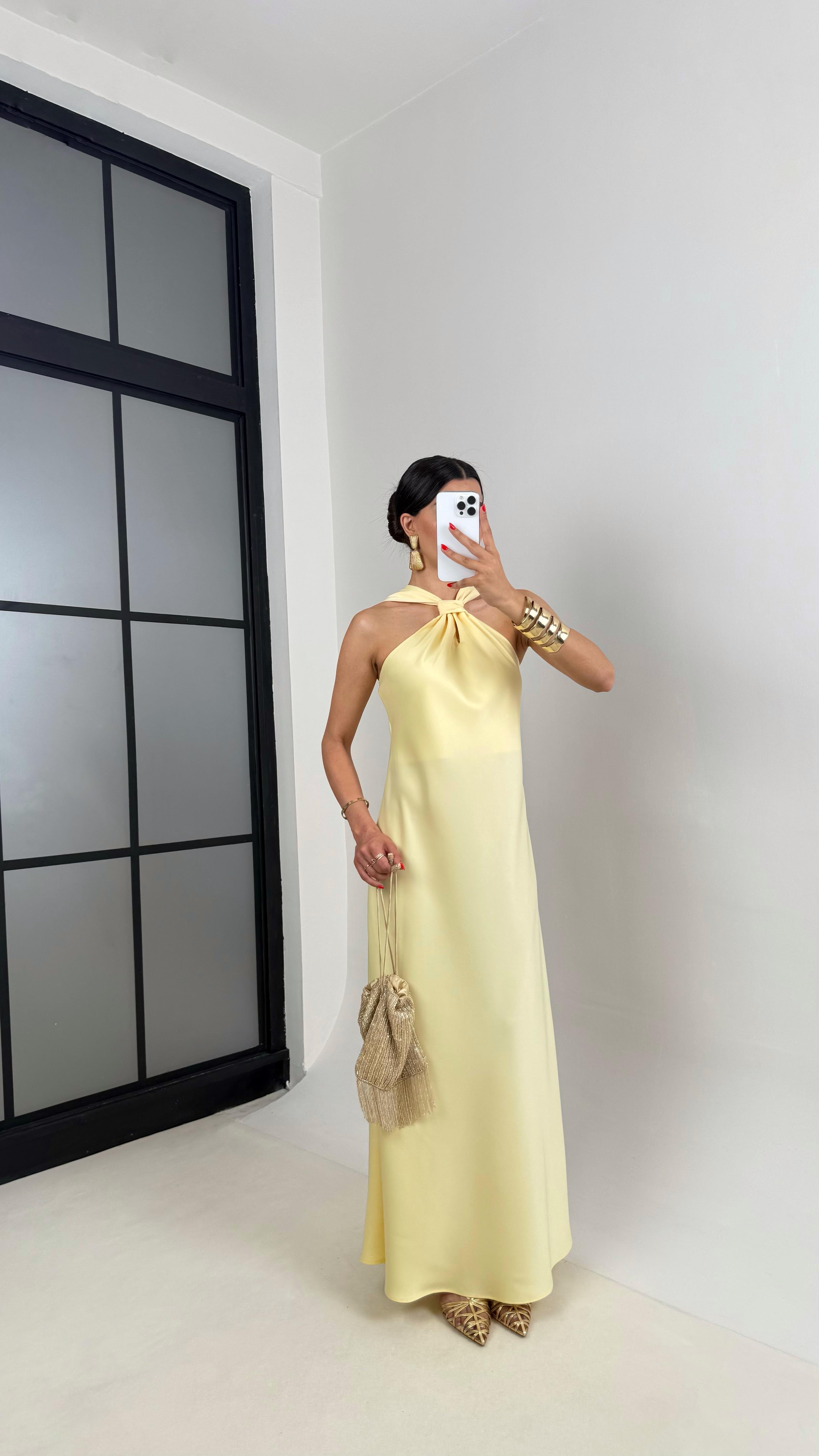 Sarı Bağlama Detaylı Saten Elbise Gaus00503GausELBİSEGU1002181