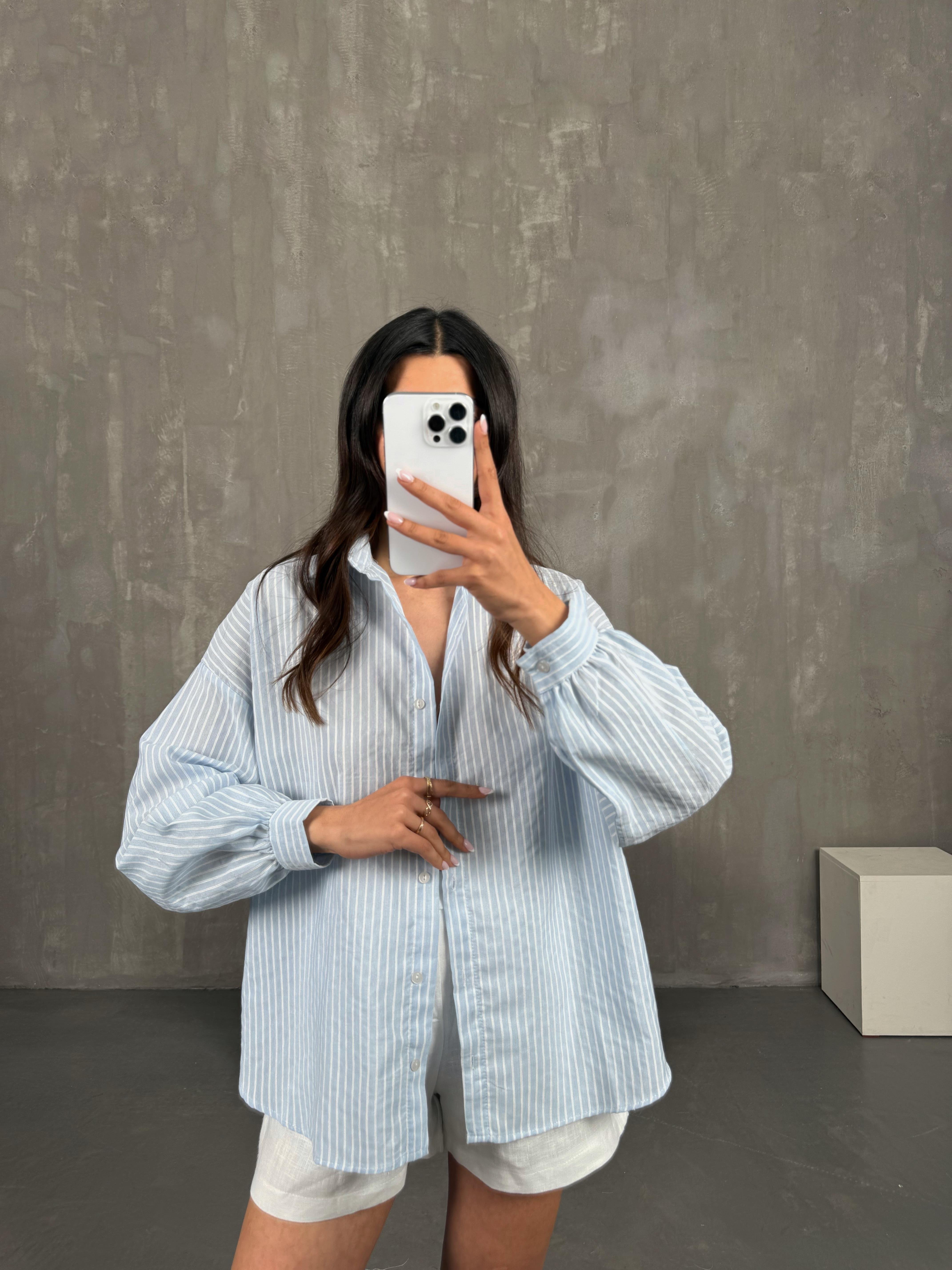 Mavi Beyaz Çizgili Keten Gömlek Gaus00268GausGÖMLEKGU1001618