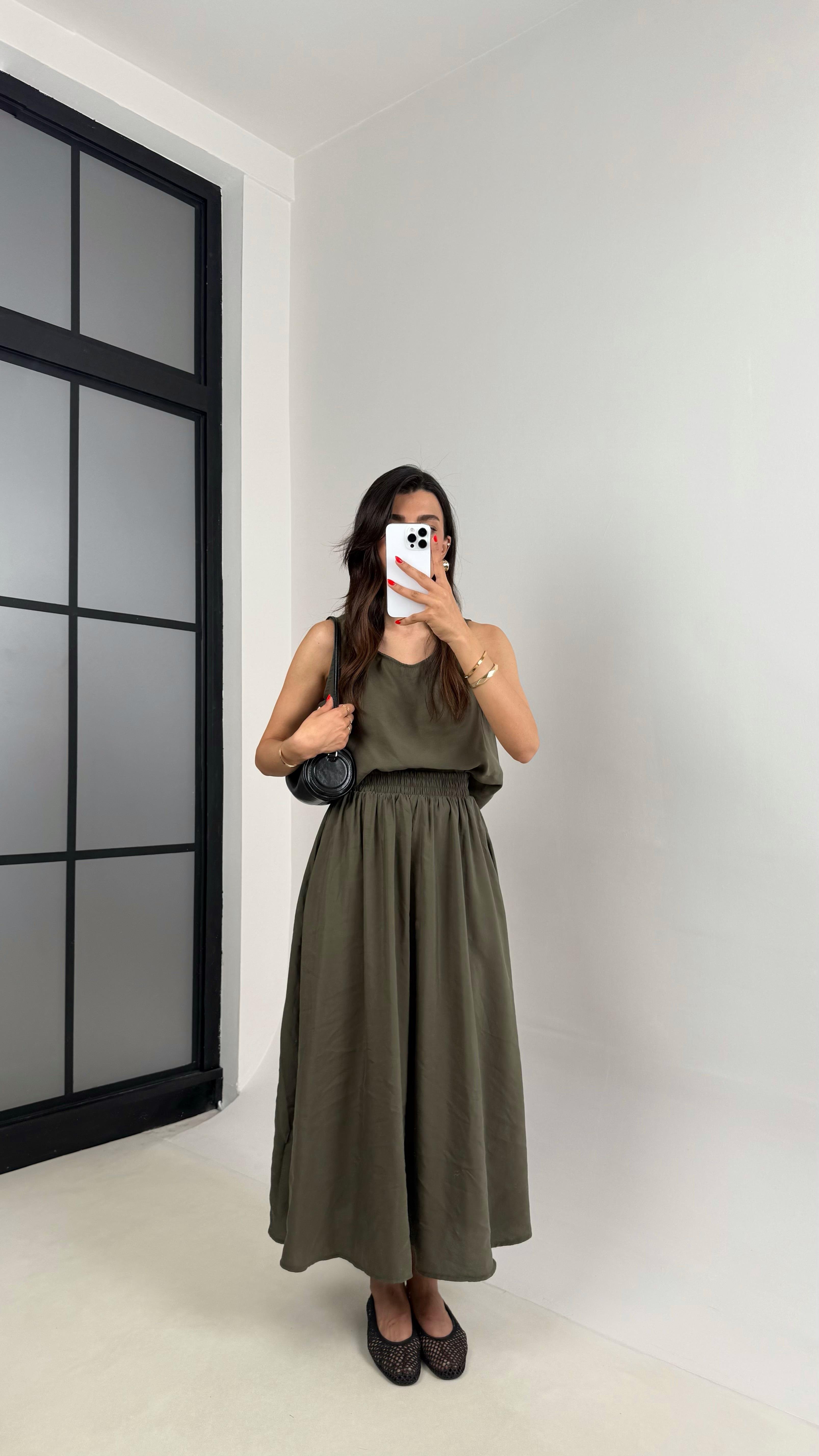 Haki Bluz Beli Lastikli Etek İkili Kırışık Tencel Takım Gaus00522GausTAKIMGU1002223