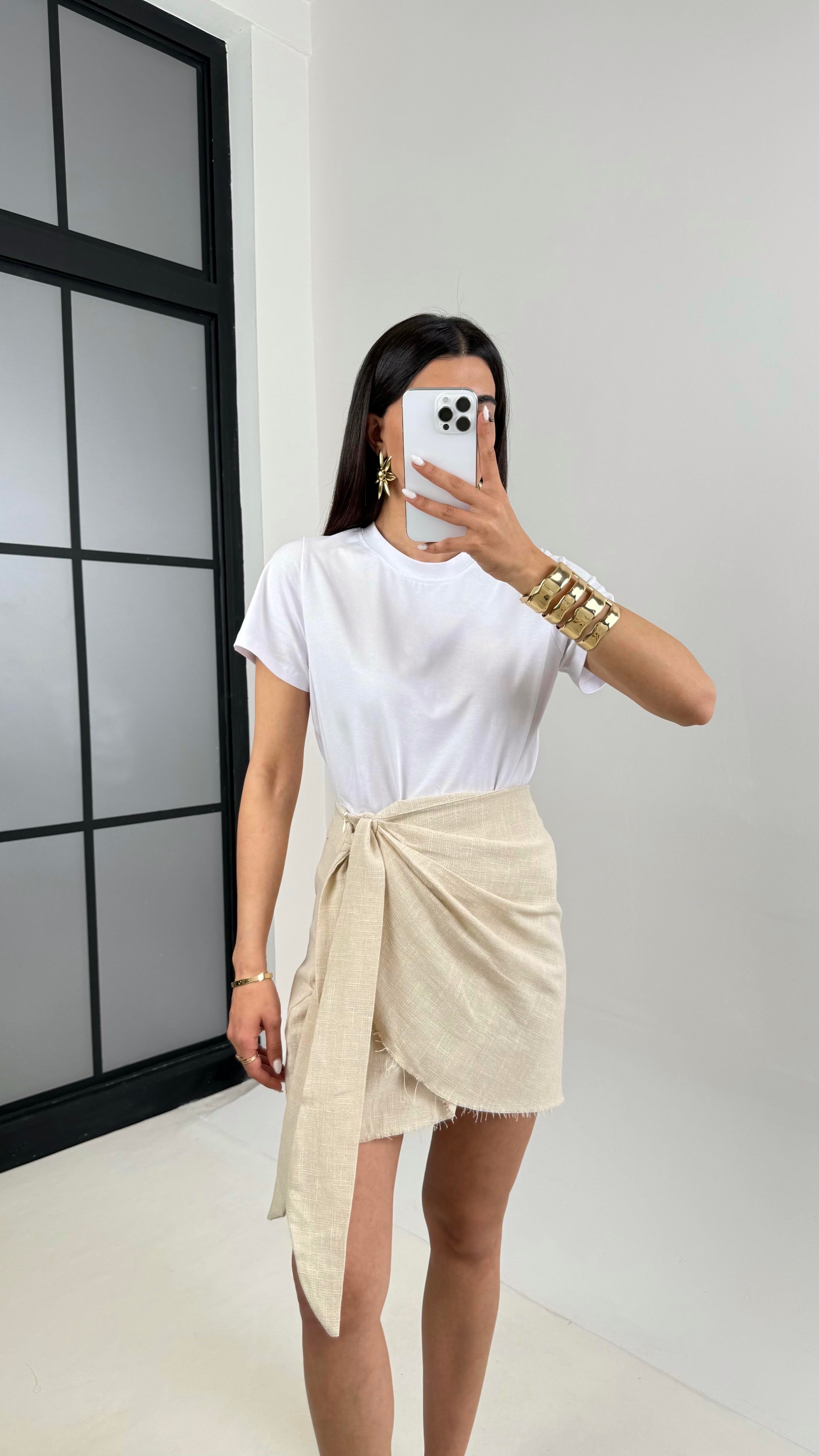 Taş Yan Bağlama Detaylı Keten Etek Gaus00435GausETEKGU1002026