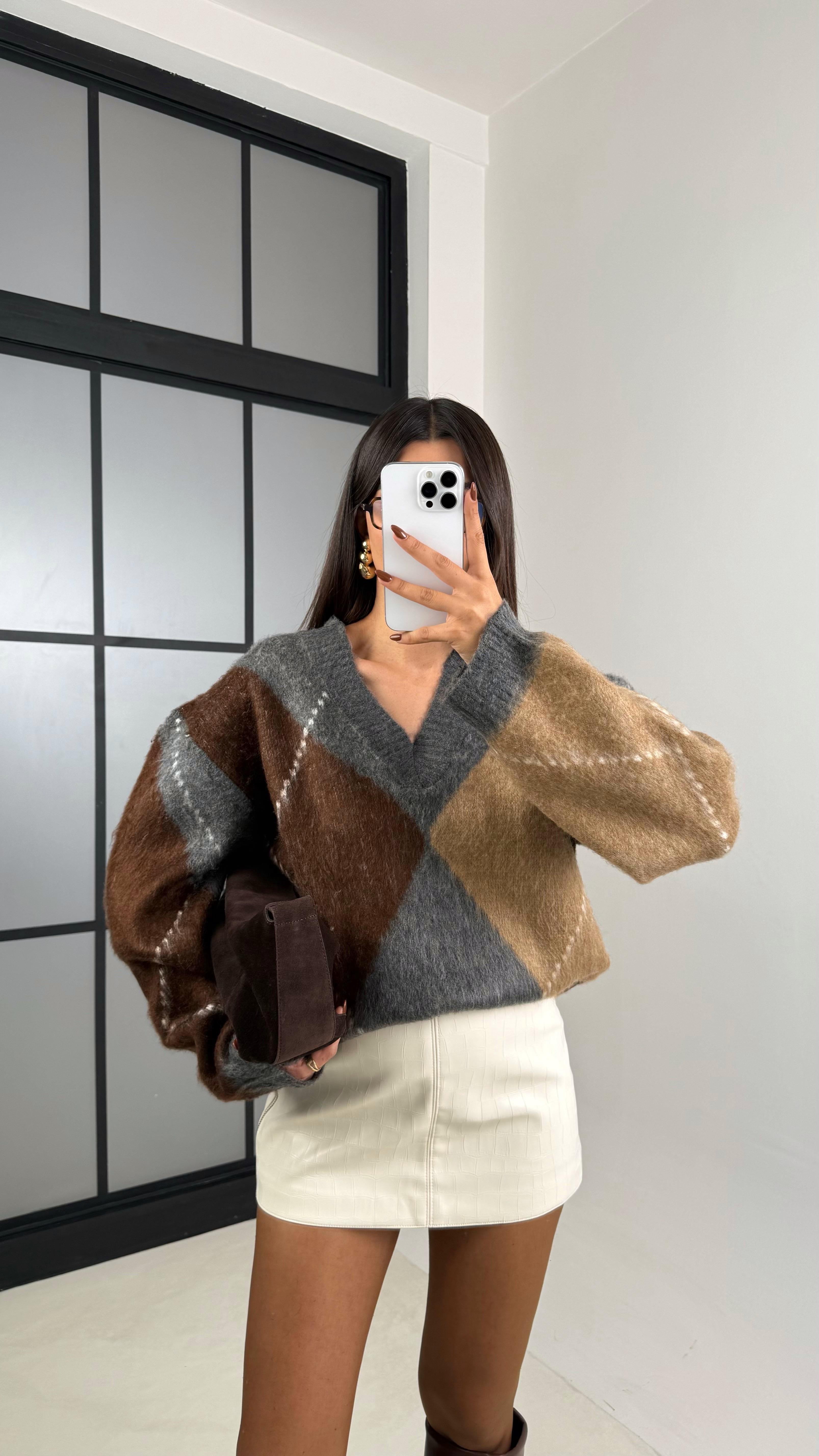 Gri Baklava Desenli Kazak GAUS-00201GAUS الكنزات GAUS-00201