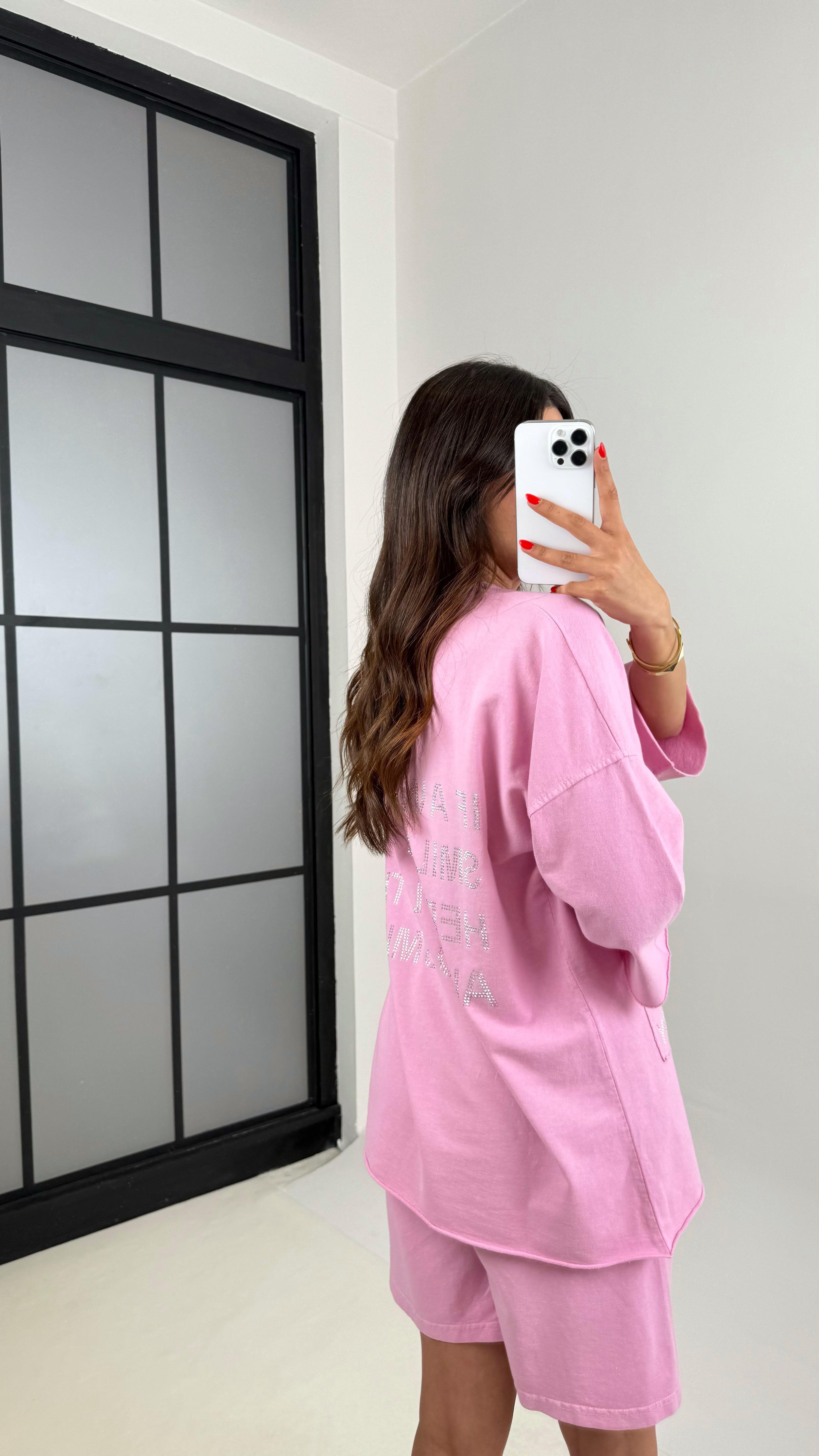 Pembe Eskitme Desenli Taş Yazılı Şortlu Takım Gaus00482GausTAKIMGU1002130