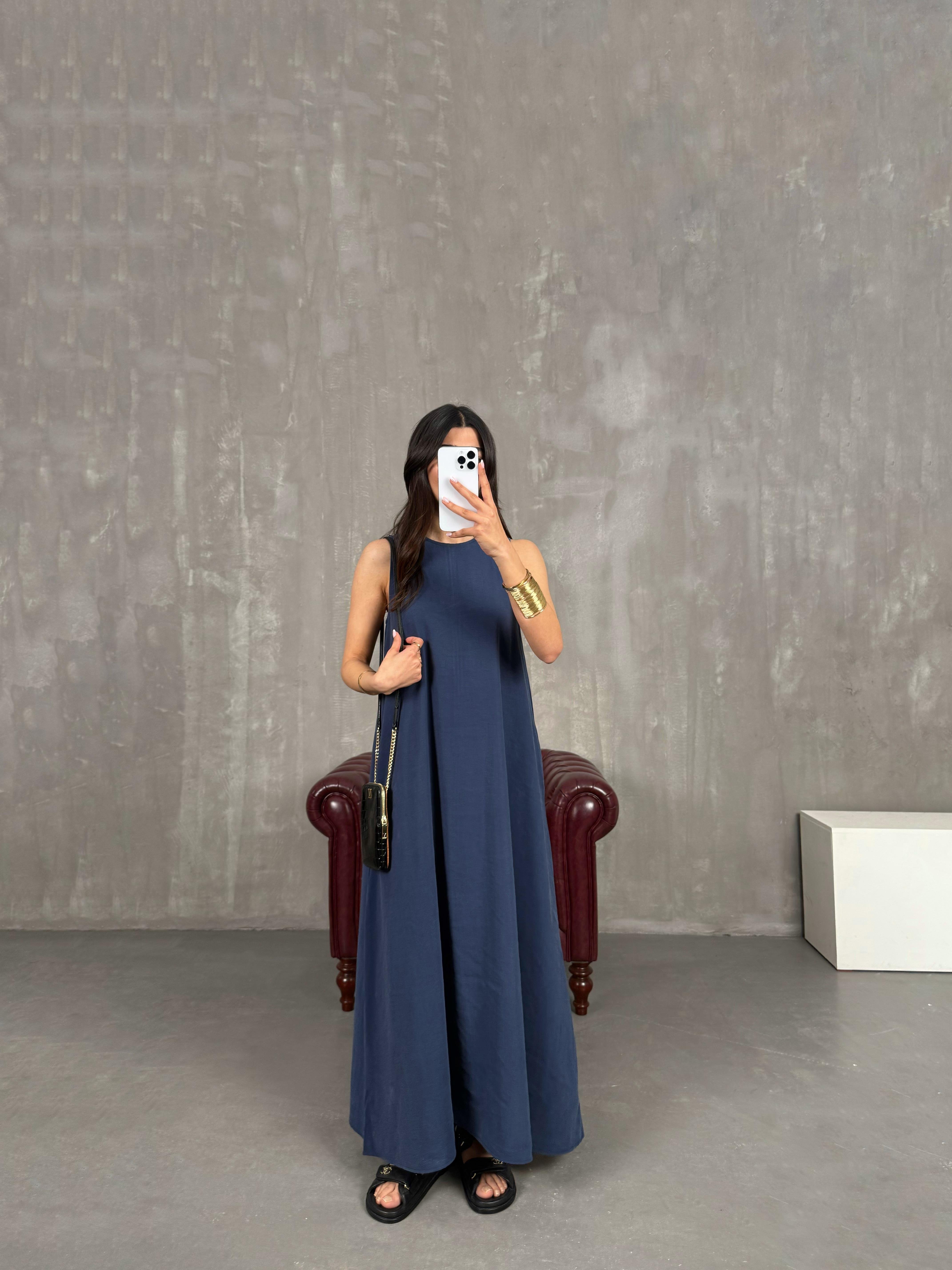 İndigo Cepli Tensel Kumaş Elbise Gaus00263GausELBİSEGU1001606