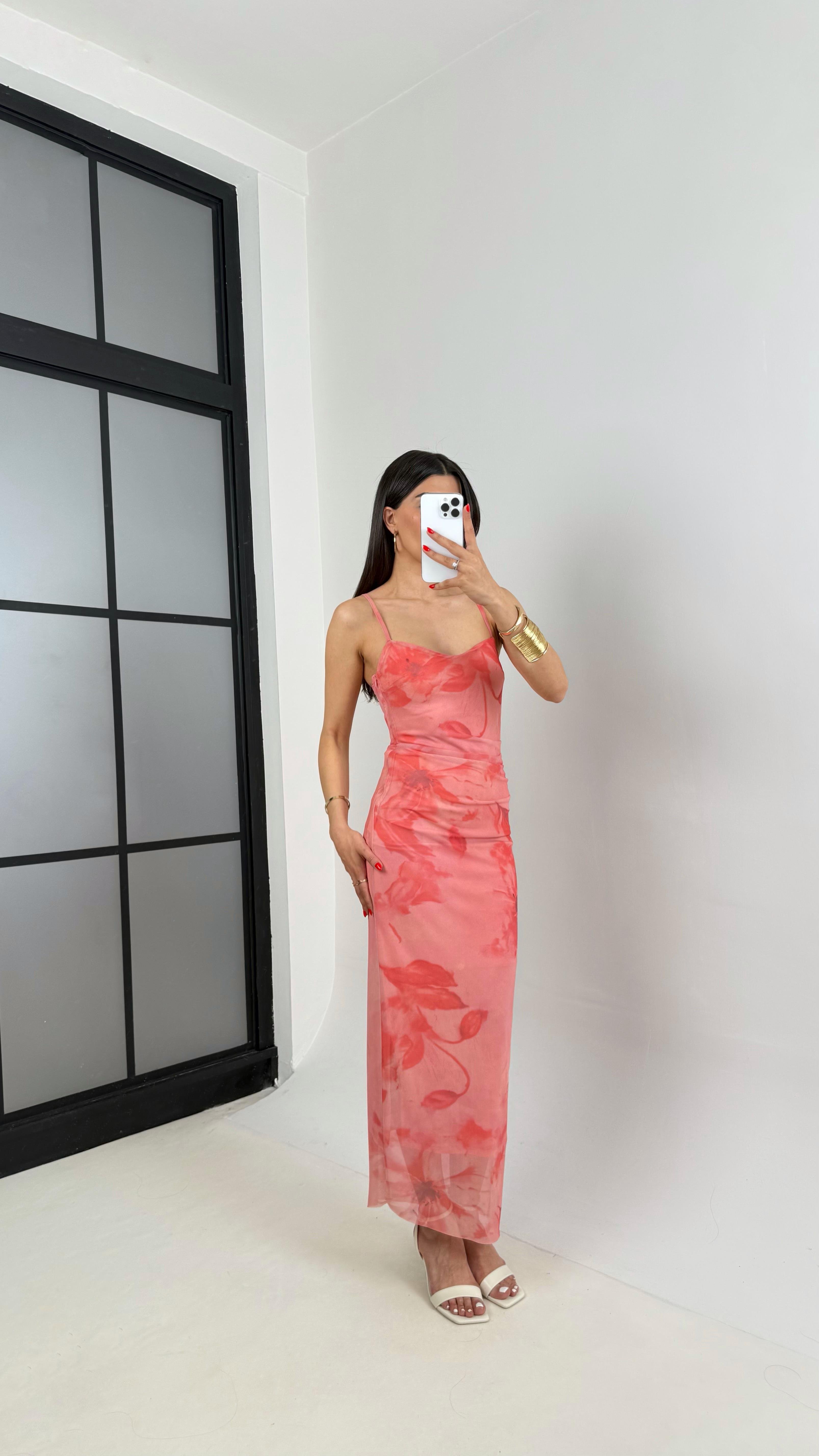 Pembe Çiçek Baskılı Astarlı Ayarlanabilir Askılı Tül Elbise Gaus00291GausELBİSEGU1002068