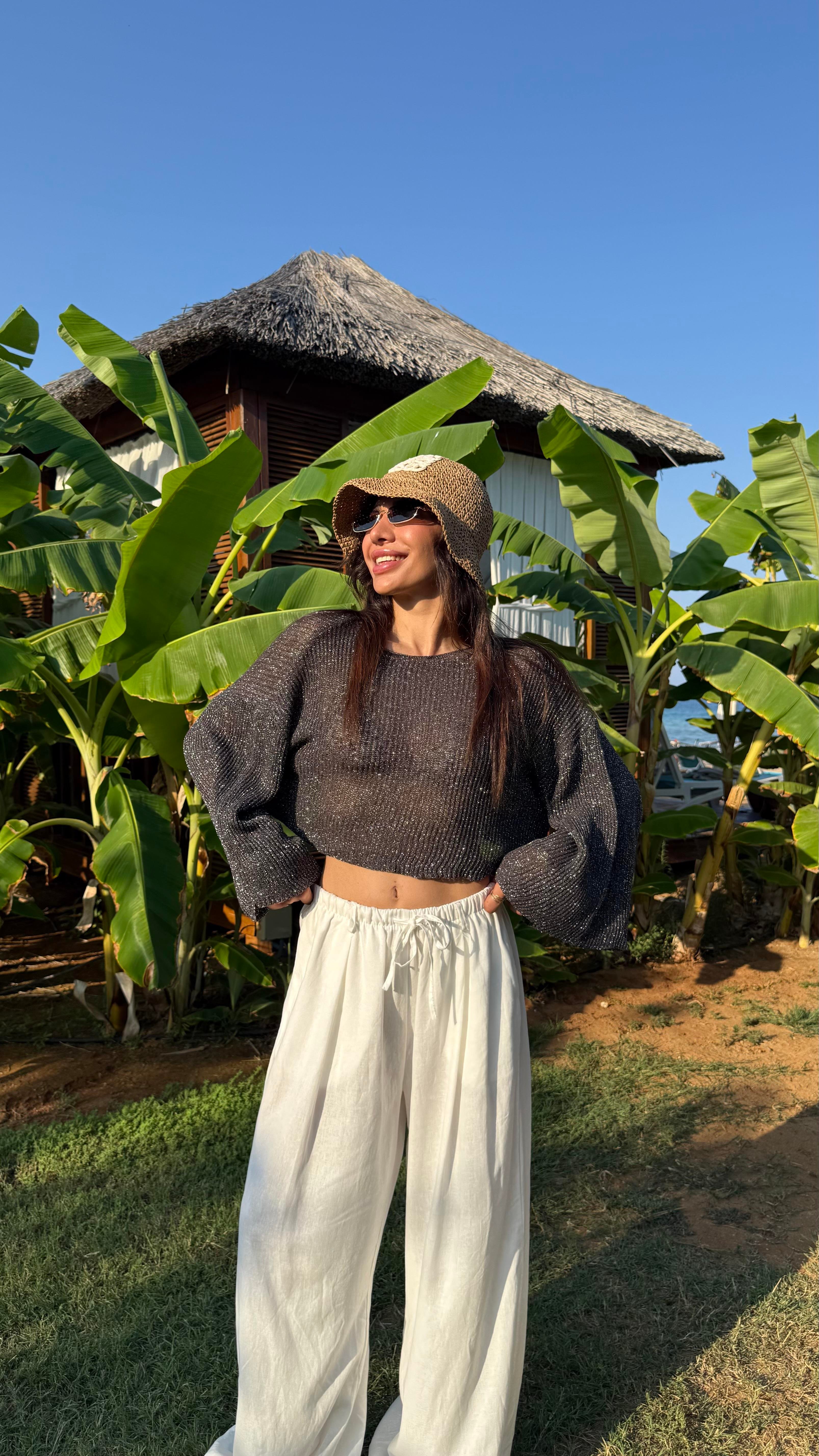 Vizon Önden Bağlamlı Beli Lastikli Bluz Etek İkili Kırışık Tencel Takım Gaus00655Gausالكروب توب GU1002521