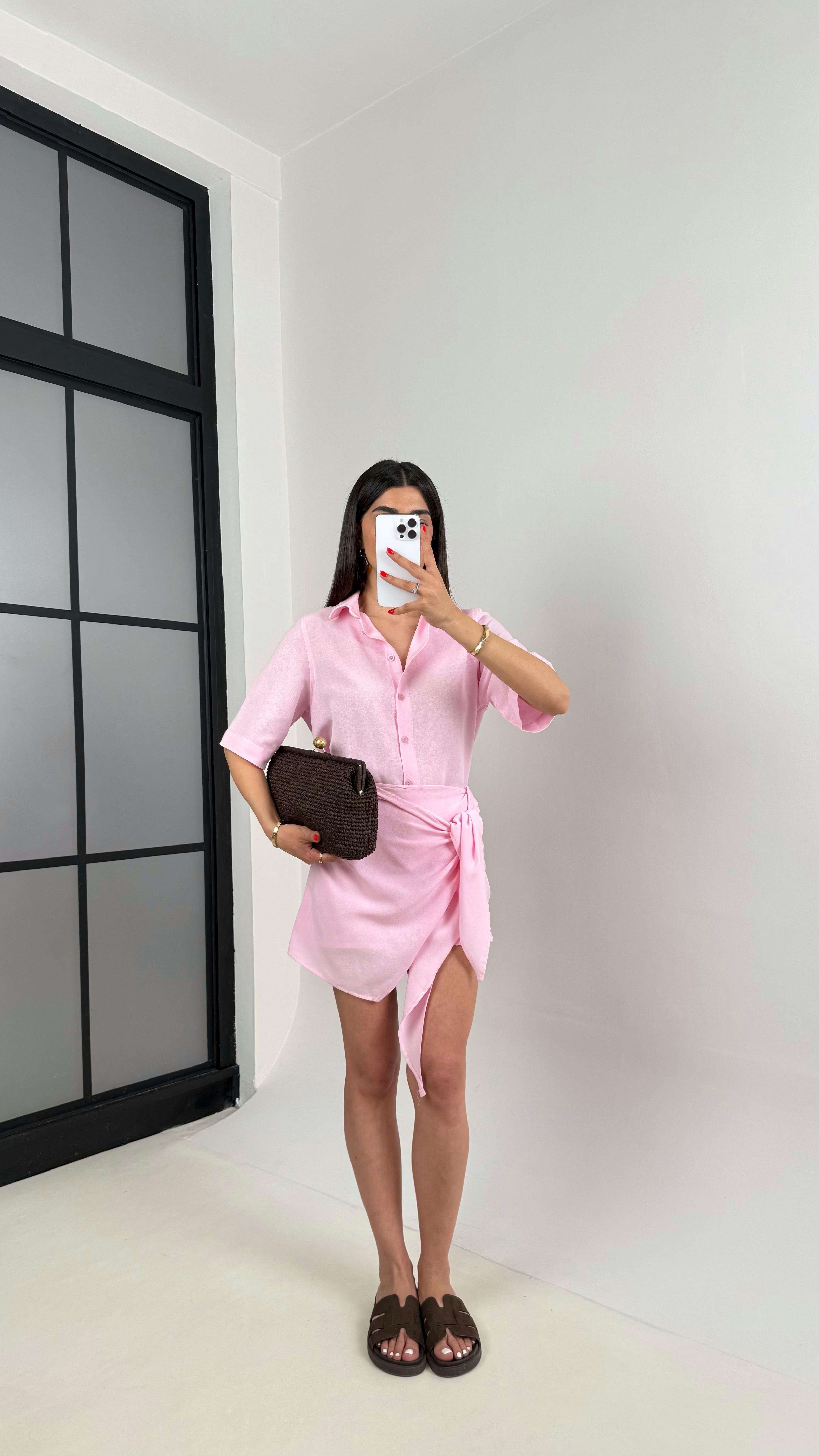 Pembe Önü Düğmeli Gömlek Beli Bağlama Detaylı Etek Keten Takım Gaus00459GausTAKIMGU1002071