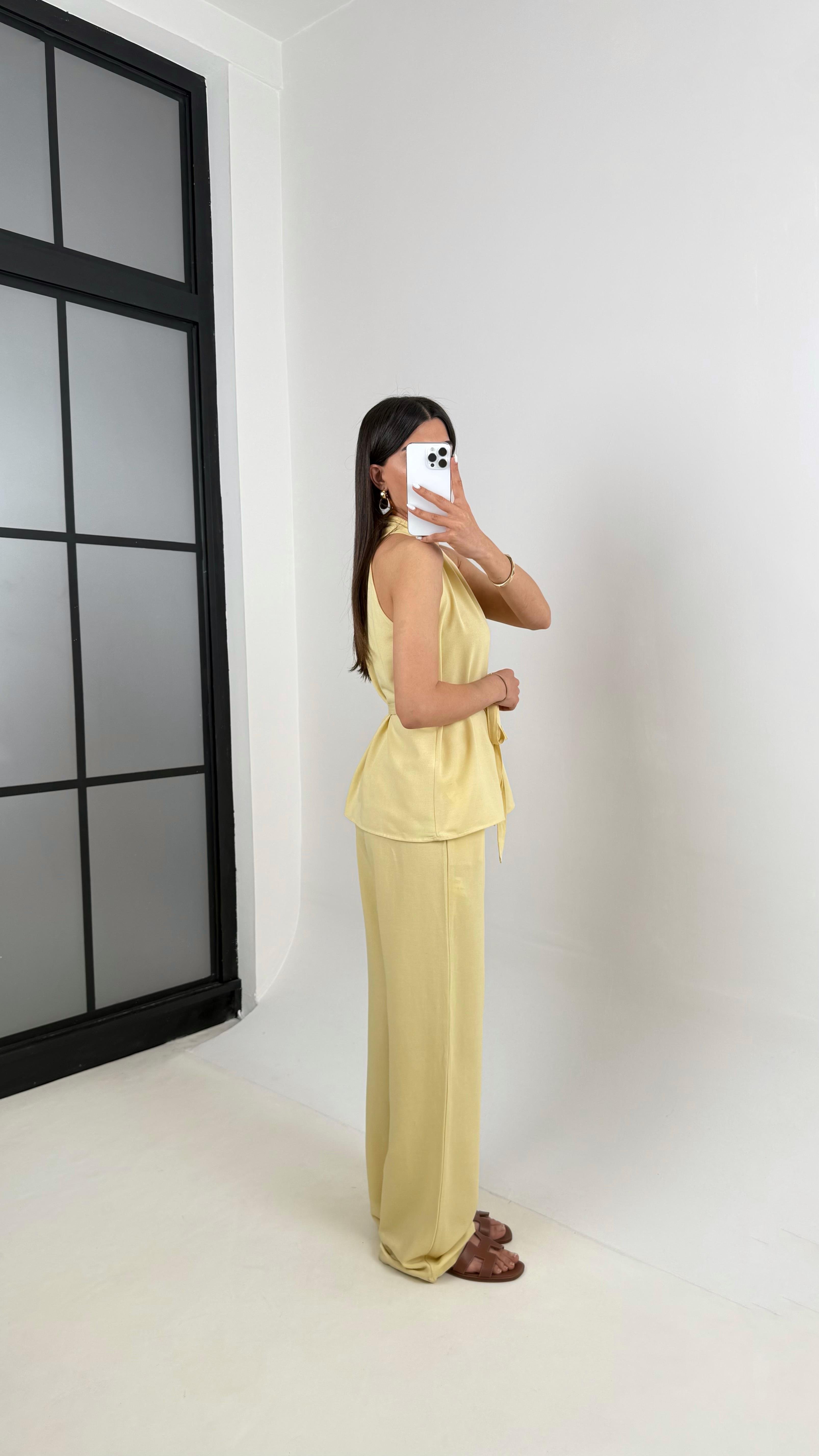 Sarı Önü Bağlamalı Kuşaklı Yelek Beli Lastikli Cepli Pantolon Keten Takım Gaus00410GausTAKIMGU1001956