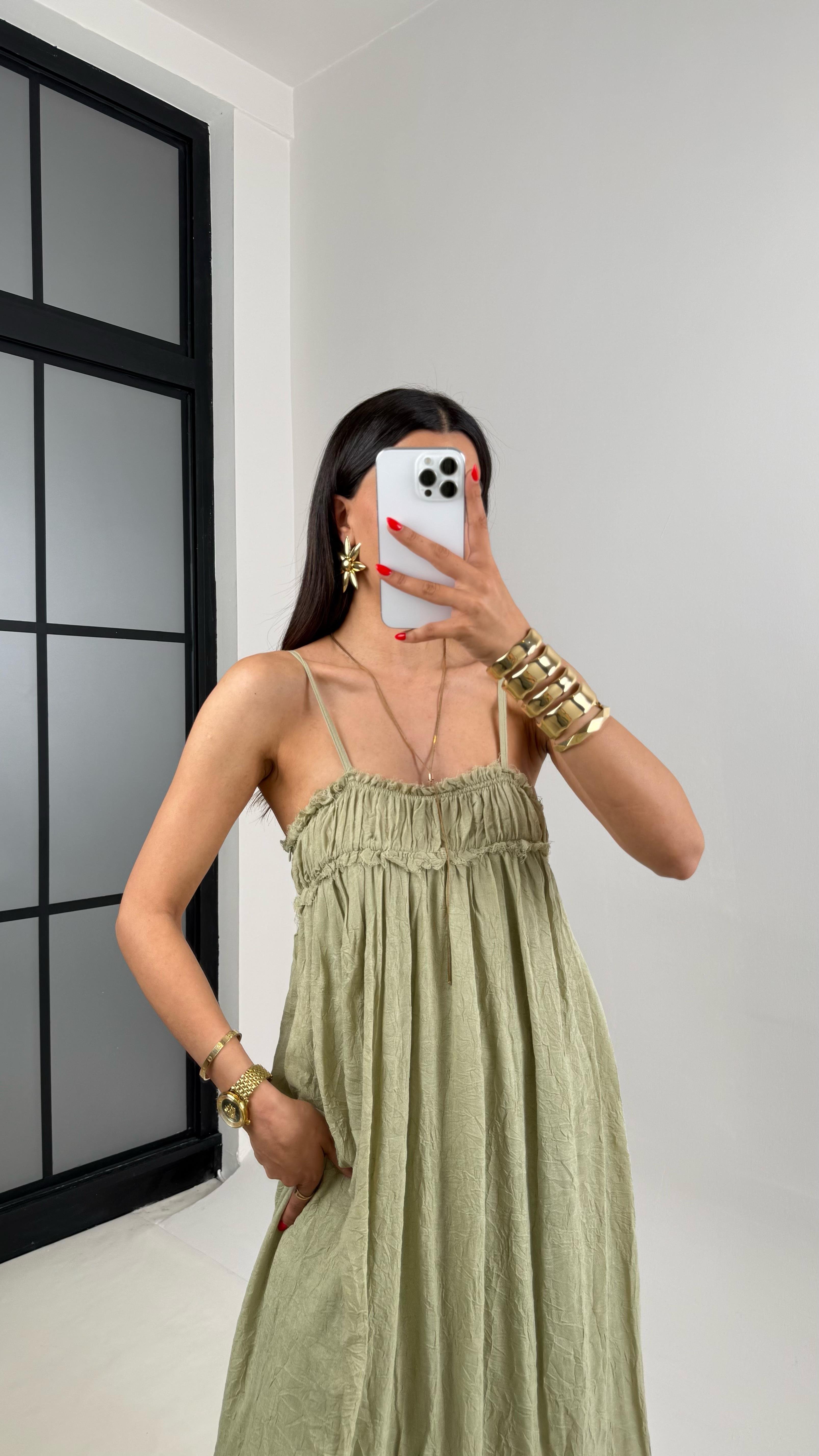 Yeşil Ayarlanabilir Askılı Astarlı Gipeli Tasarım Keten Takım Gaus00484GausELBİSEGU1002134