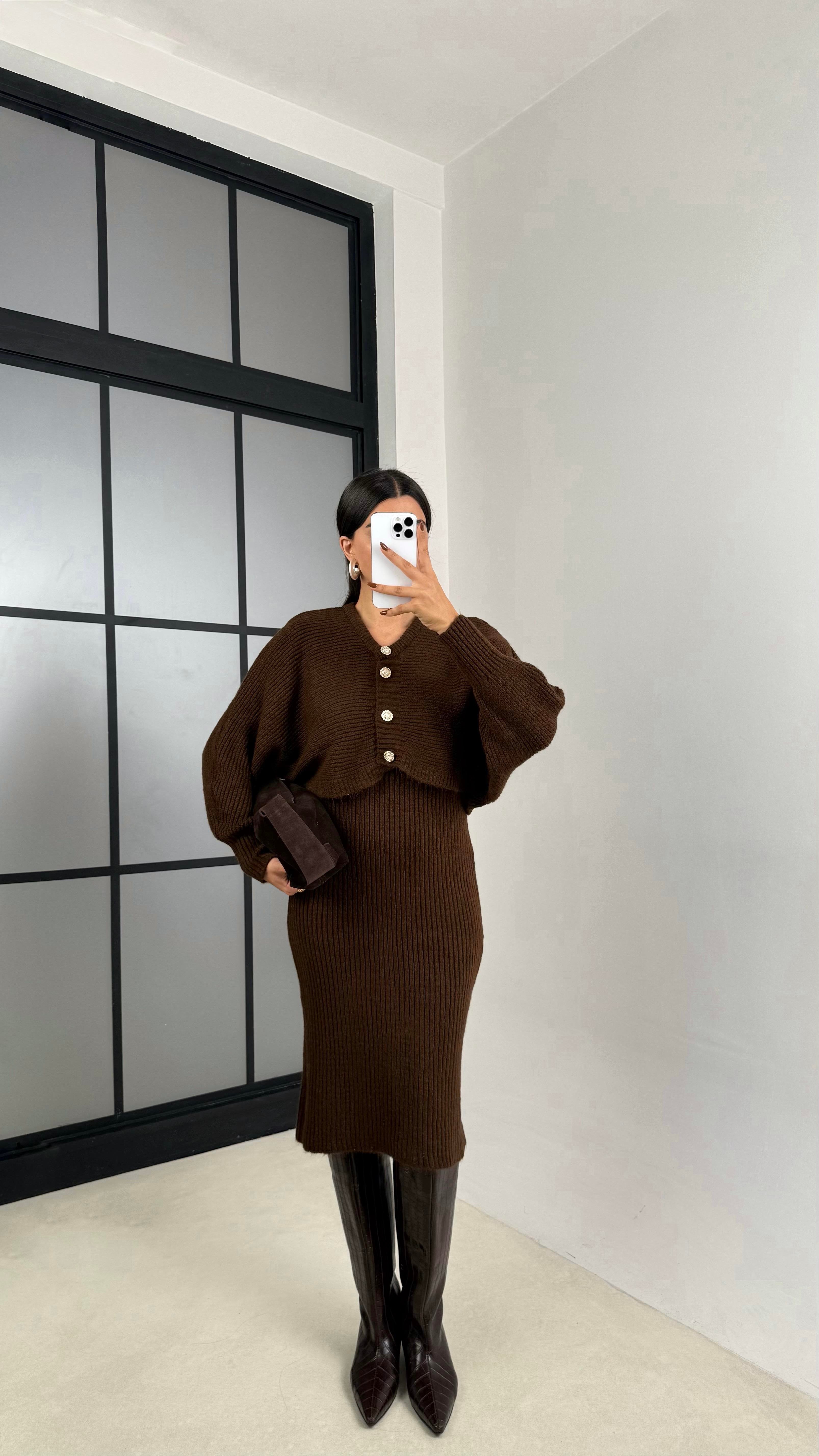 Acı Kahve Hırka Askılı Elbise İkili Triko Takım GAUS-00185GAUSTAKIMGAUS-00185