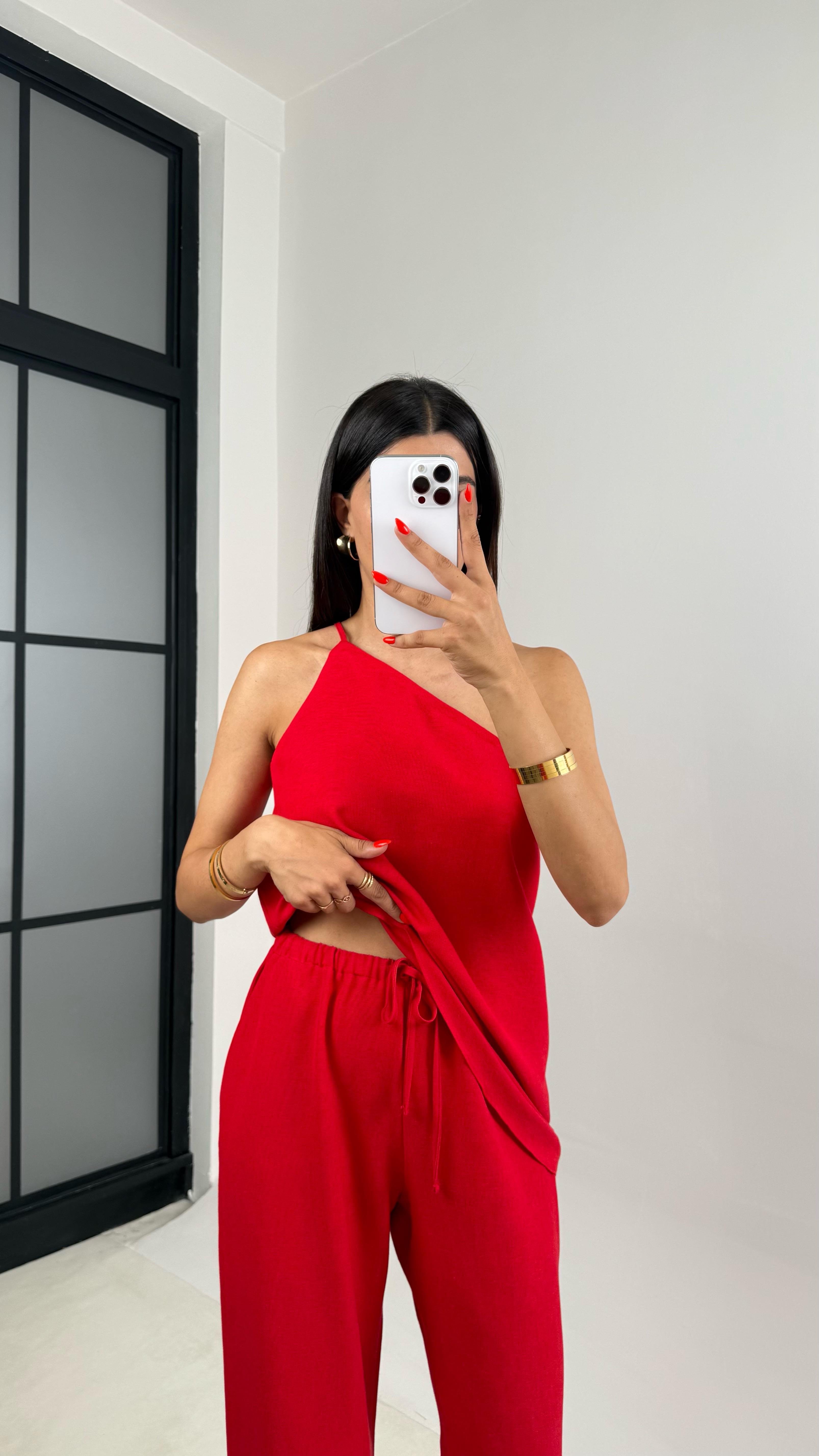 Kırmızı Tek Omuz Bluz Beli Lastlik Pantolon Keten Takım Gaus00696GAUSTAKIMGaus00696