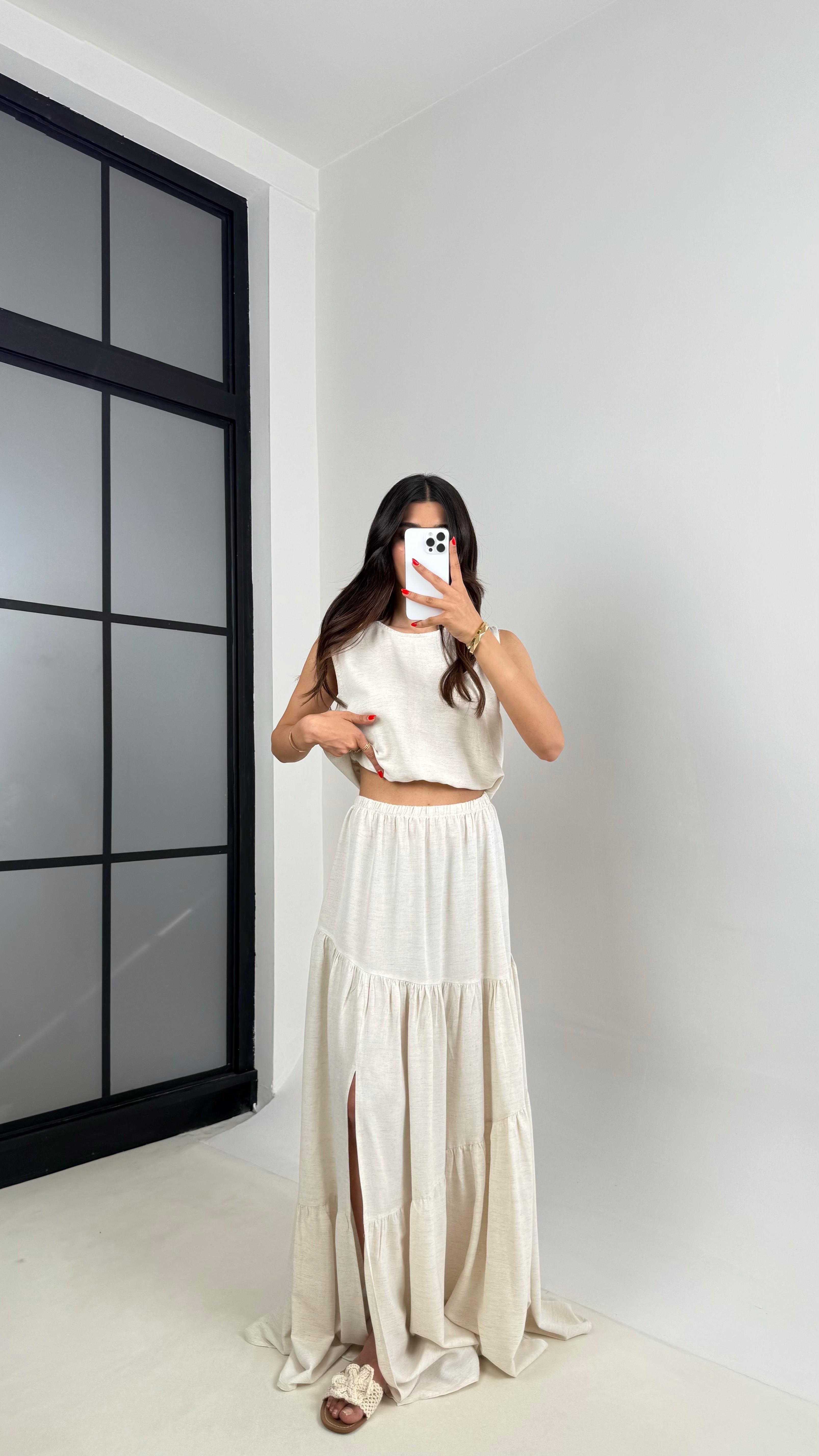 Taş Omzu Açık Bluz Beli Lastikli Etek İkili Keten Takım Gaus00514 GausTAKIMGU1002207