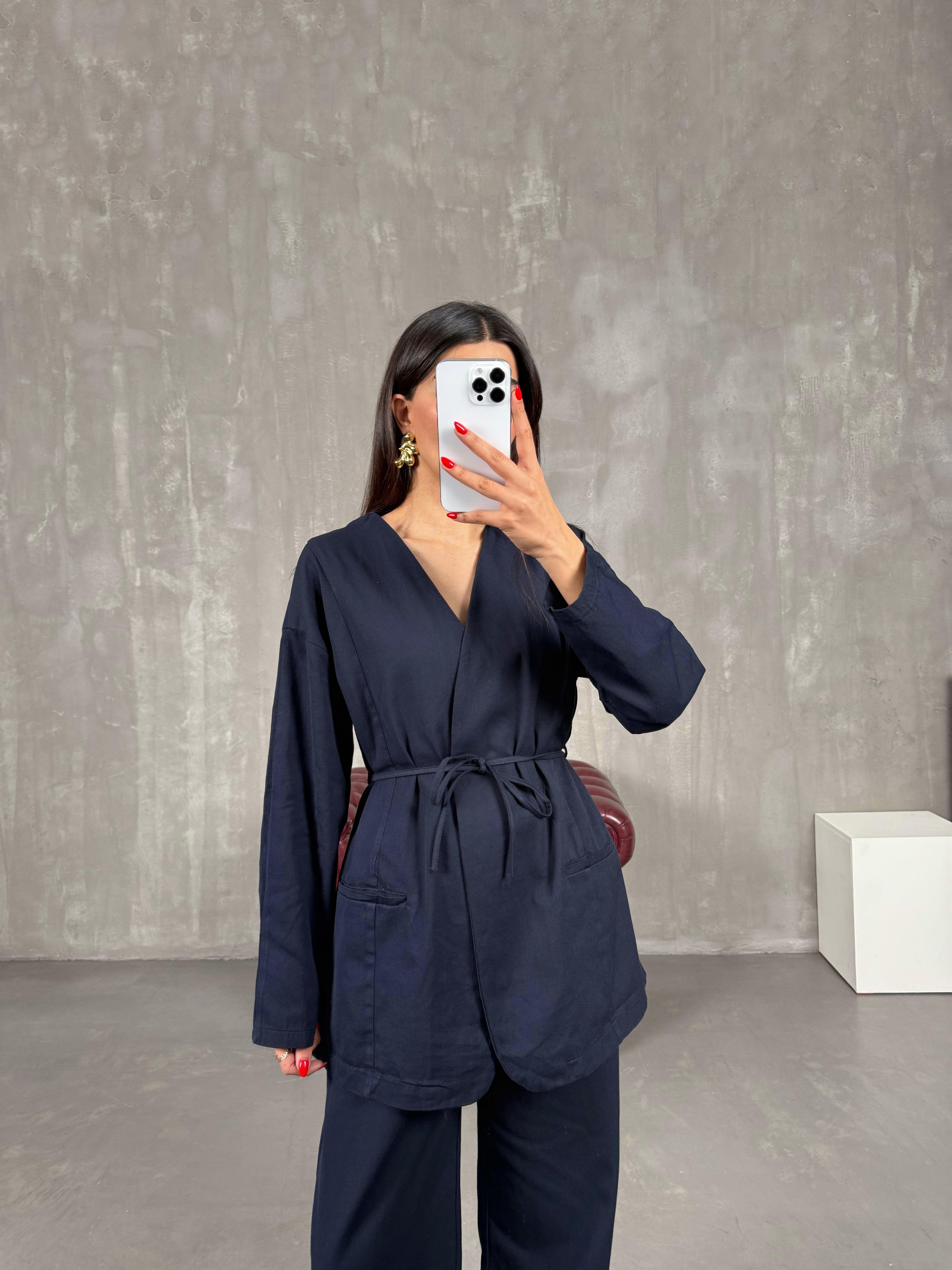 Lacivert Kuşaklı Gabardin Takım Gaus00157GausTAKIMGU1001363