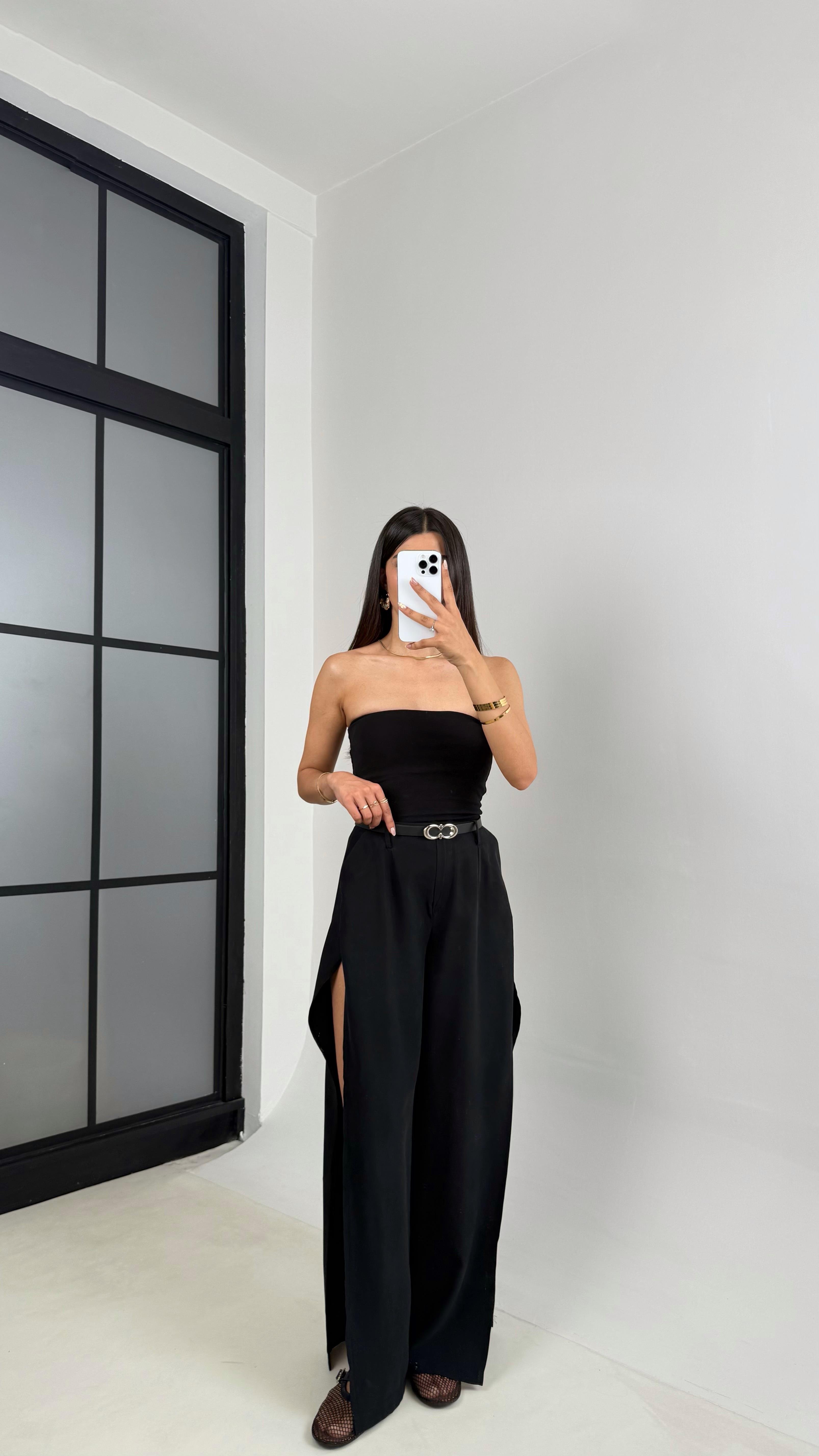 Siyah Yan Yırtmaçlı Kemerli Tencel Pantolon Gaus00639GausPANTOLONGU1002488